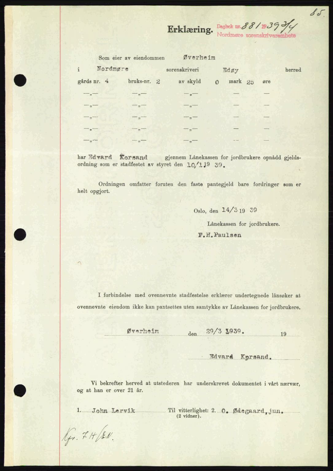 Nordmøre sorenskriveri, AV/SAT-A-4132/1/2/2Ca: Mortgage book no. B85, 1939-1939, Diary no: : 881/1939