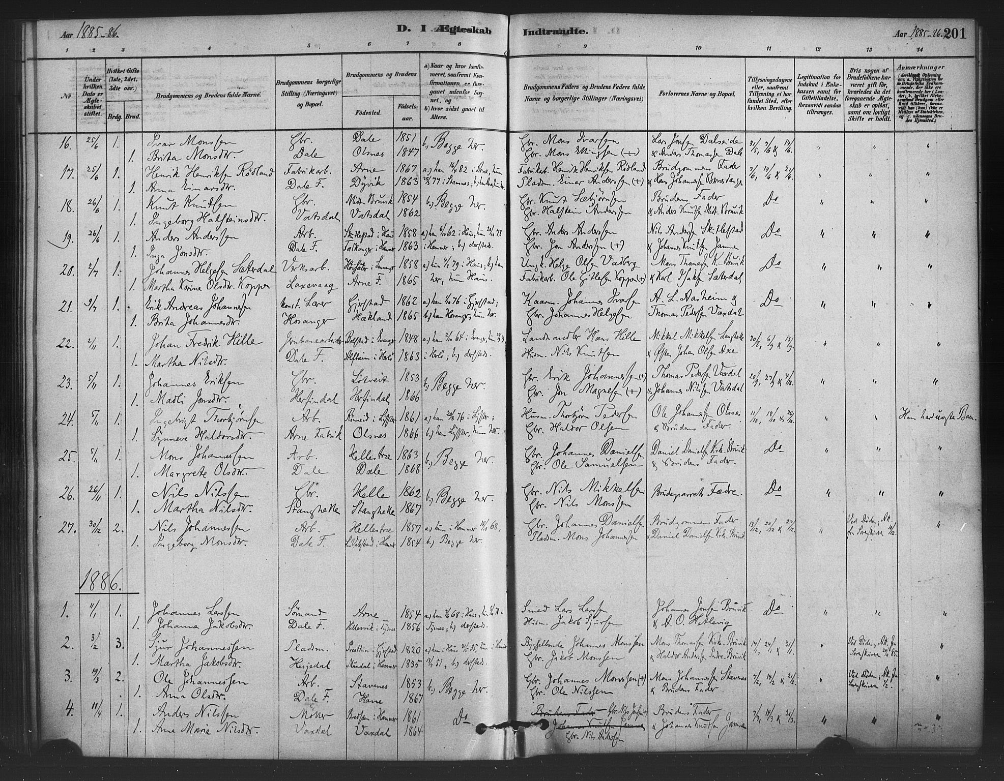 Bruvik Sokneprestembete, SAB/A-74701/H/Haa: Parish register (official) no. B 1, 1878-1904, p. 201