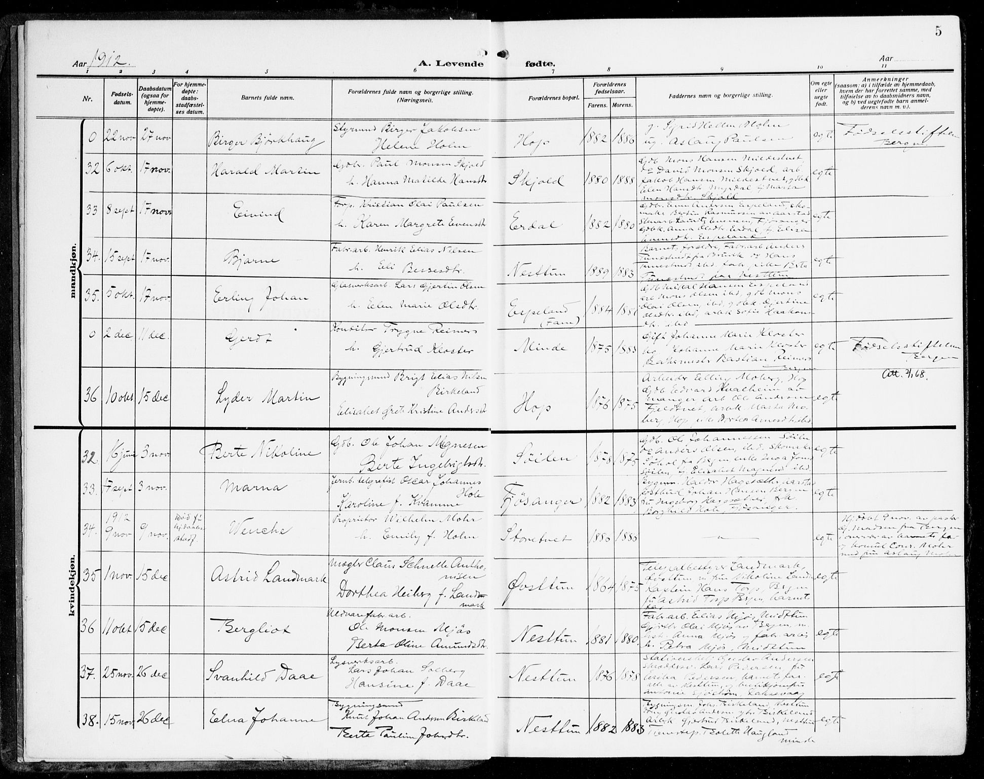 Fana Sokneprestembete, SAB/A-75101/H/Haa/Haai/L0004: Parish register (official) no. I 4, 1912-1933, p. 5