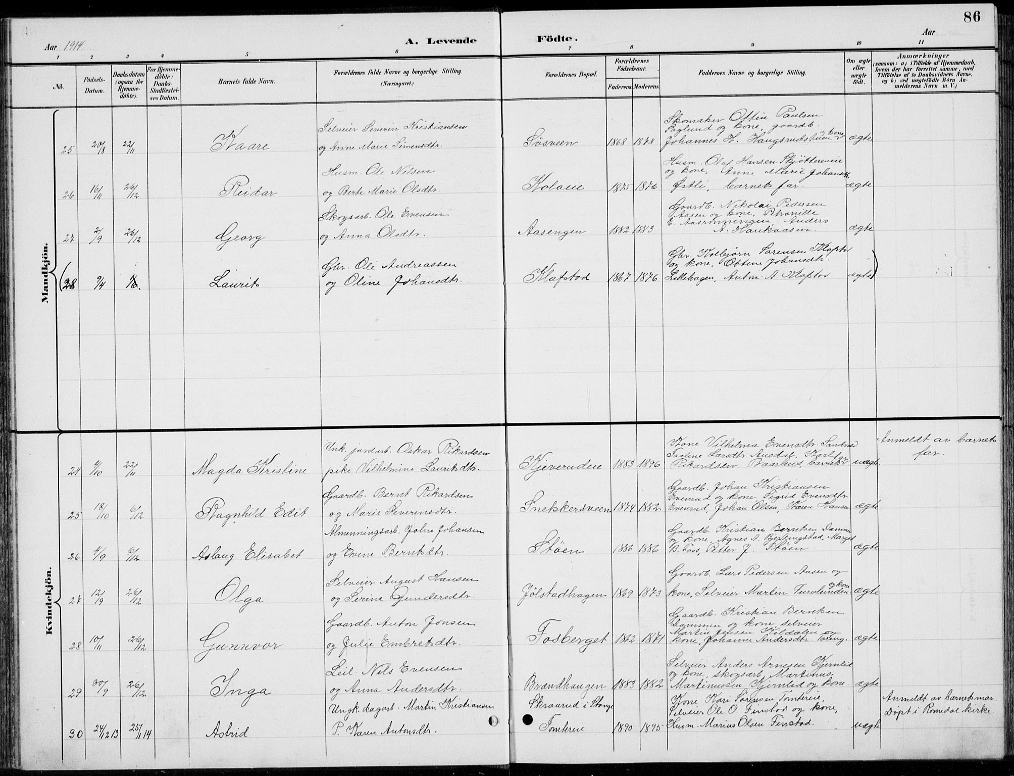 Romedal prestekontor, AV/SAH-PREST-004/L/L0013: Parish register (copy) no. 13, 1896-1937, p. 86