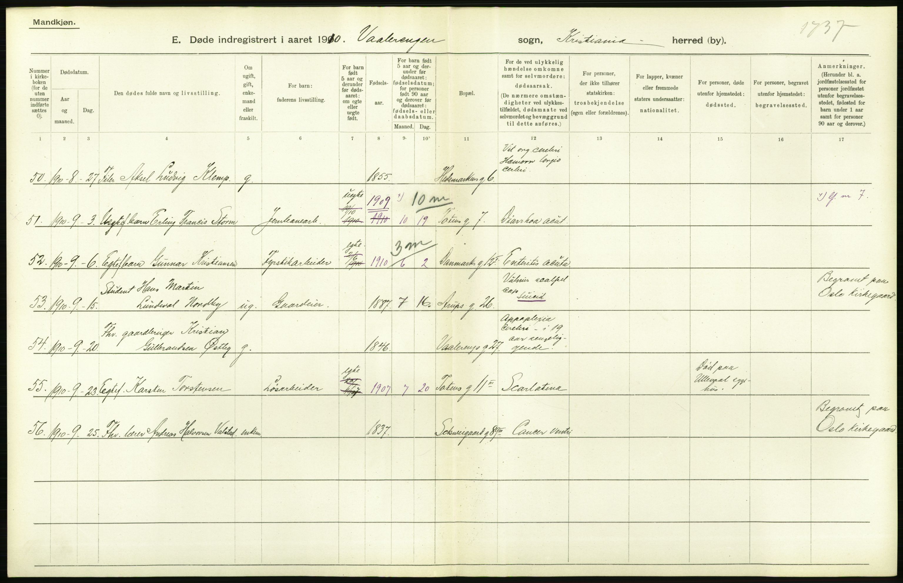 Statistisk sentralbyrå, Sosiodemografiske emner, Befolkning, RA/S-2228/D/Df/Dfa/Dfah/L0008: Kristiania: Døde, 1910, p. 592