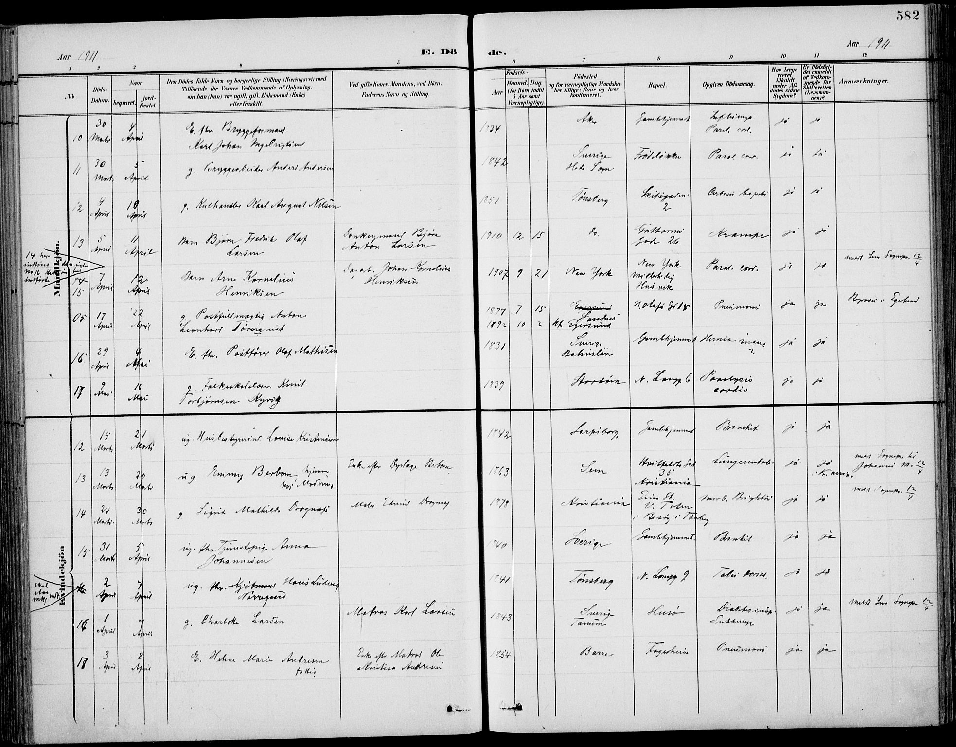 Tønsberg kirkebøker, AV/SAKO-A-330/F/Fa/L0013: Parish register (official) no. I 13, 1900-1913, p. 582