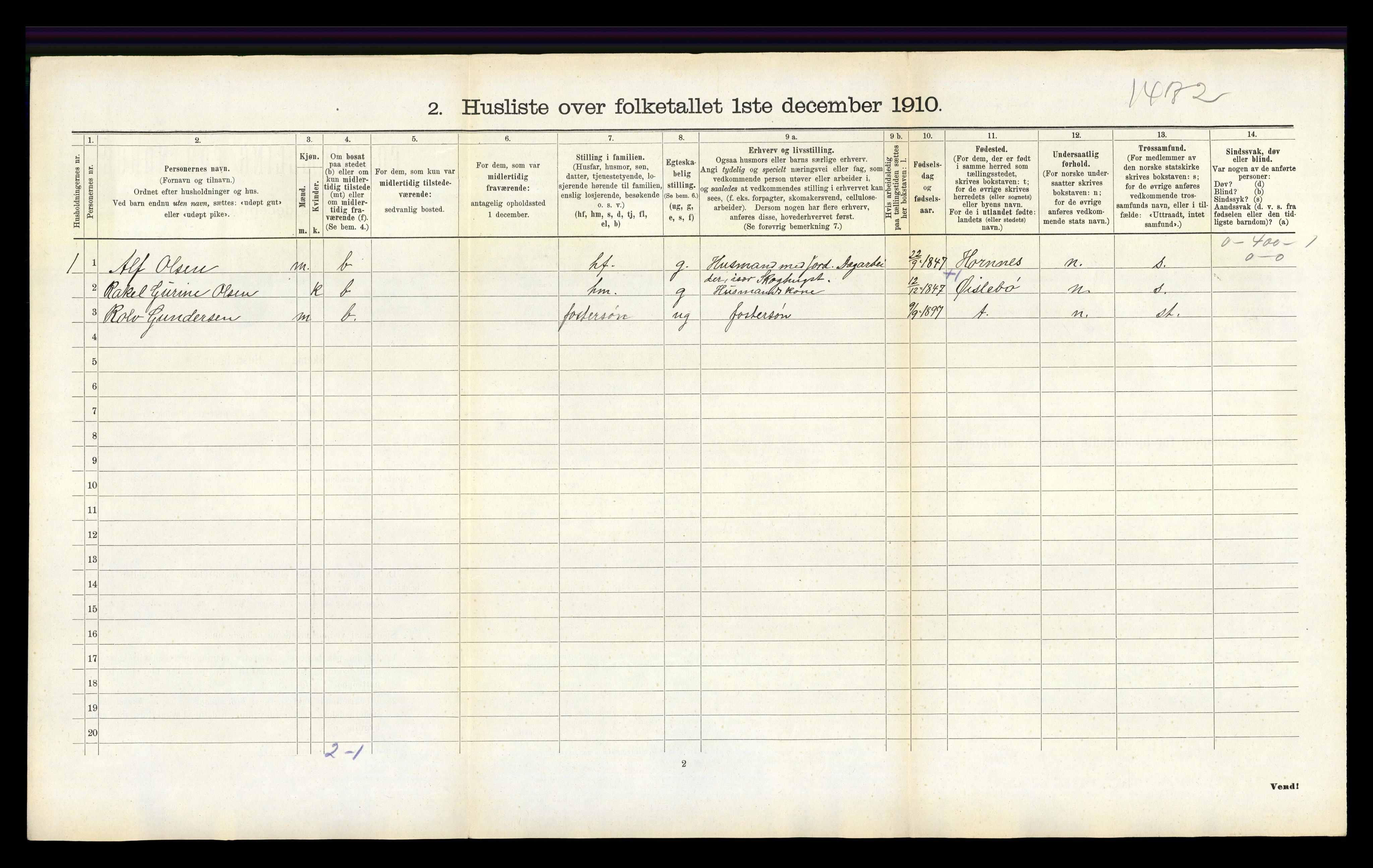 RA, 1910 census for Vestre Moland, 1910, p. 723