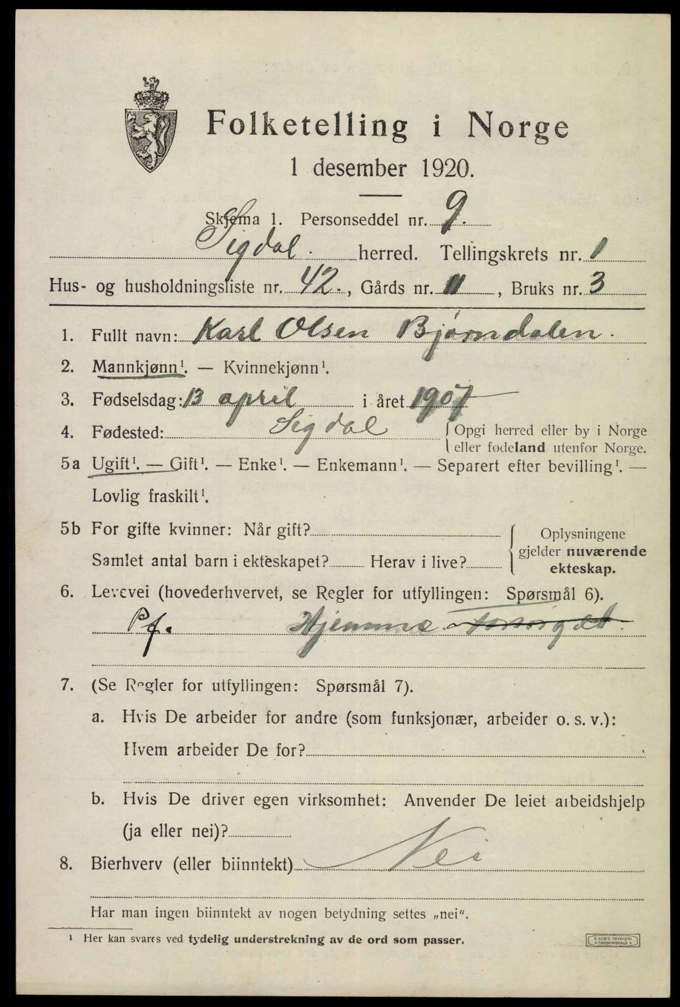 SAKO, 1920 census for Sigdal, 1920, p. 1918