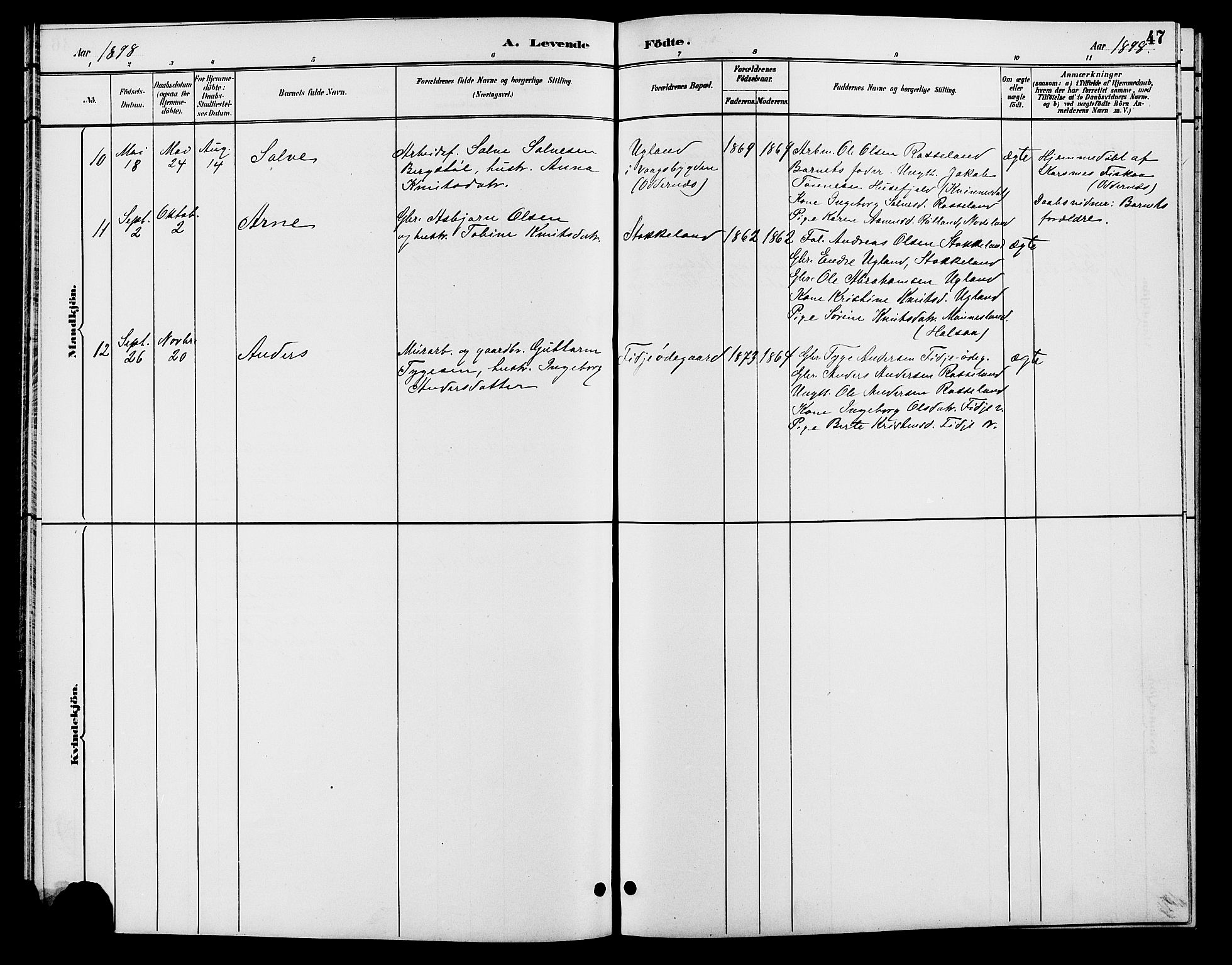 Søgne sokneprestkontor, SAK/1111-0037/F/Fb/Fba/L0004: Parish register (copy) no. B 4, 1888-1903, p. 47