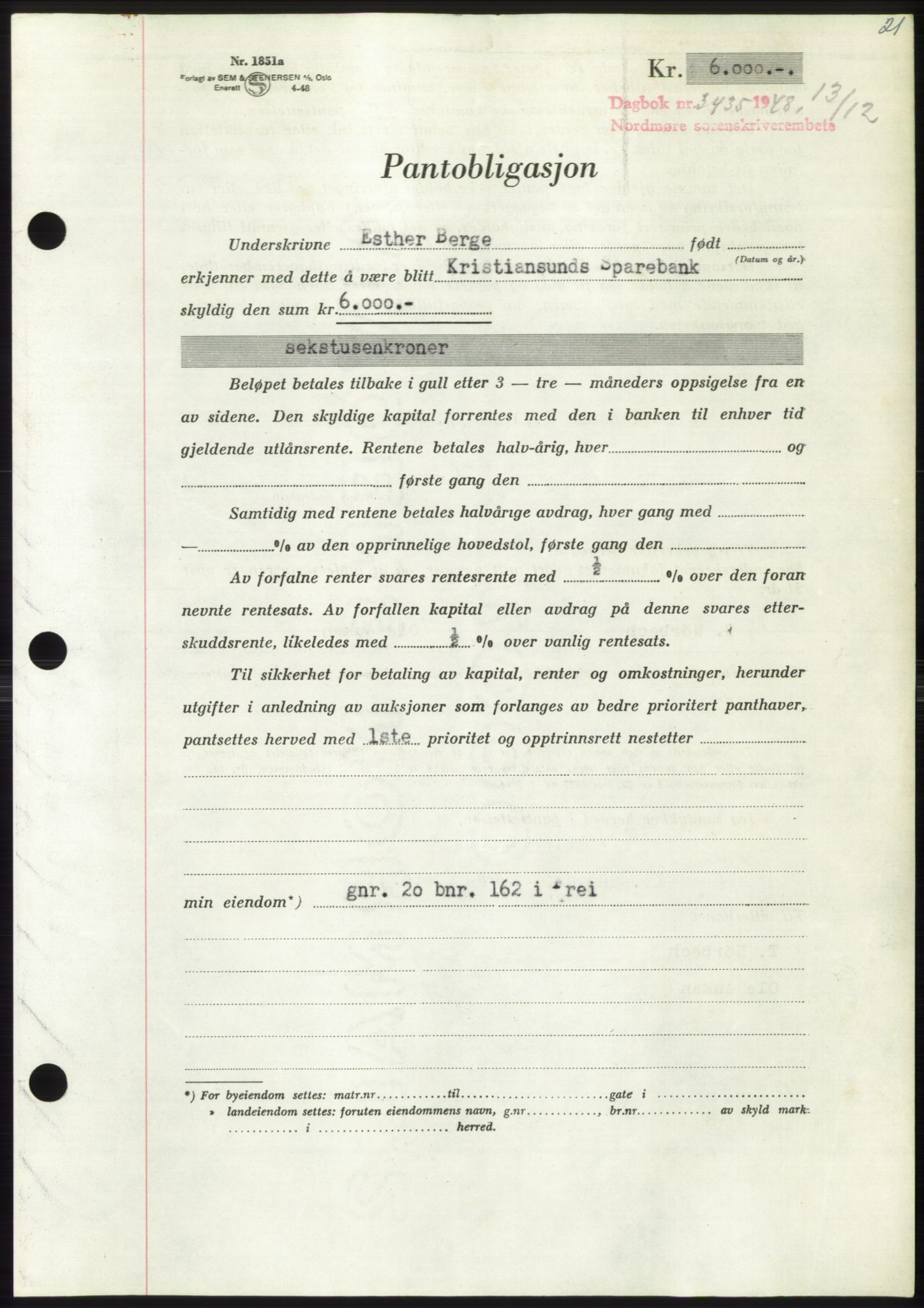 Nordmøre sorenskriveri, AV/SAT-A-4132/1/2/2Ca: Mortgage book no. B100, 1948-1949, Diary no: : 3435/1948