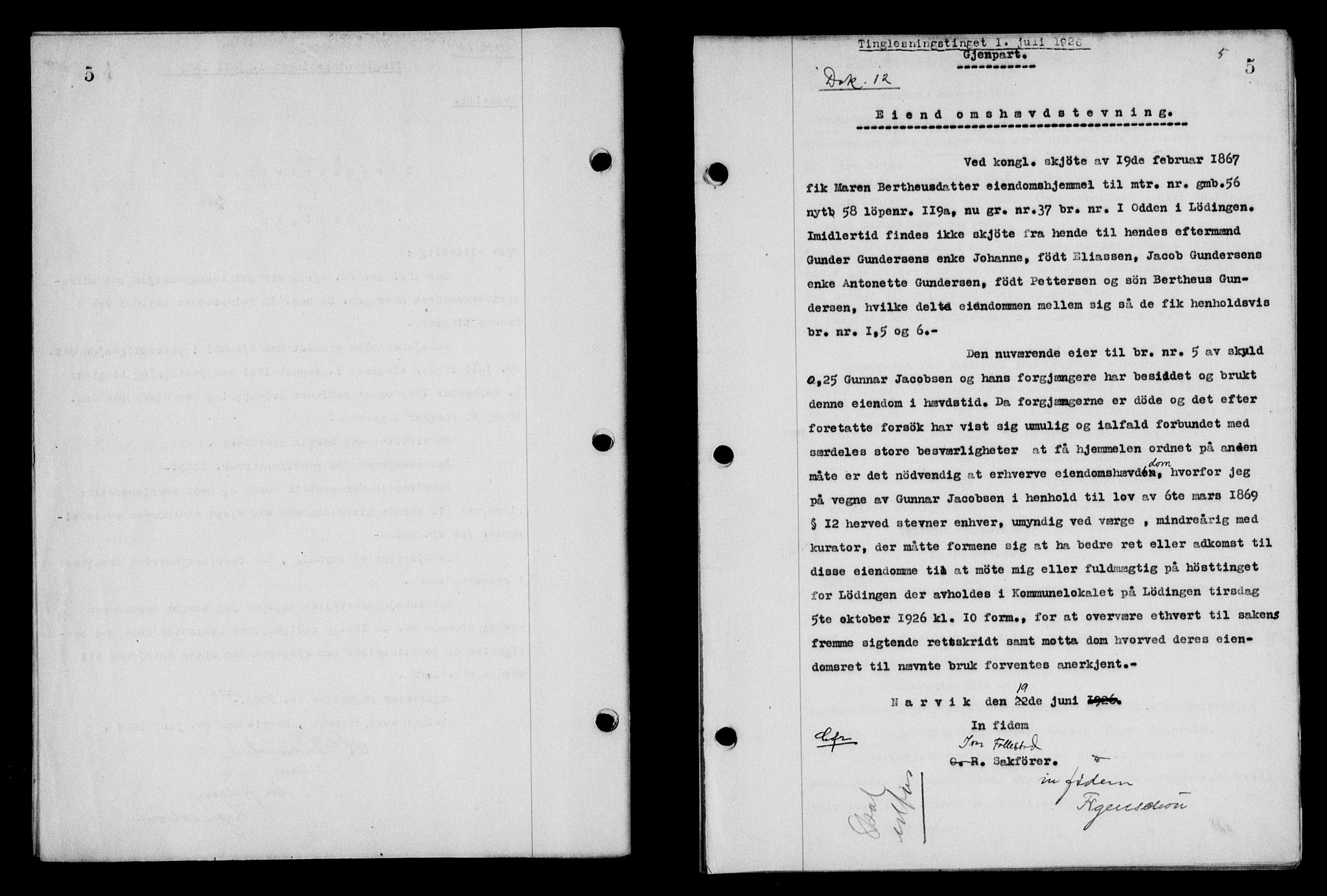 Steigen og Ofoten sorenskriveri, SAT/A-0030/1/2/2C/L0014: Mortgage book no. 13 og 15, 1926-1927, Deed date: 01.07.1926