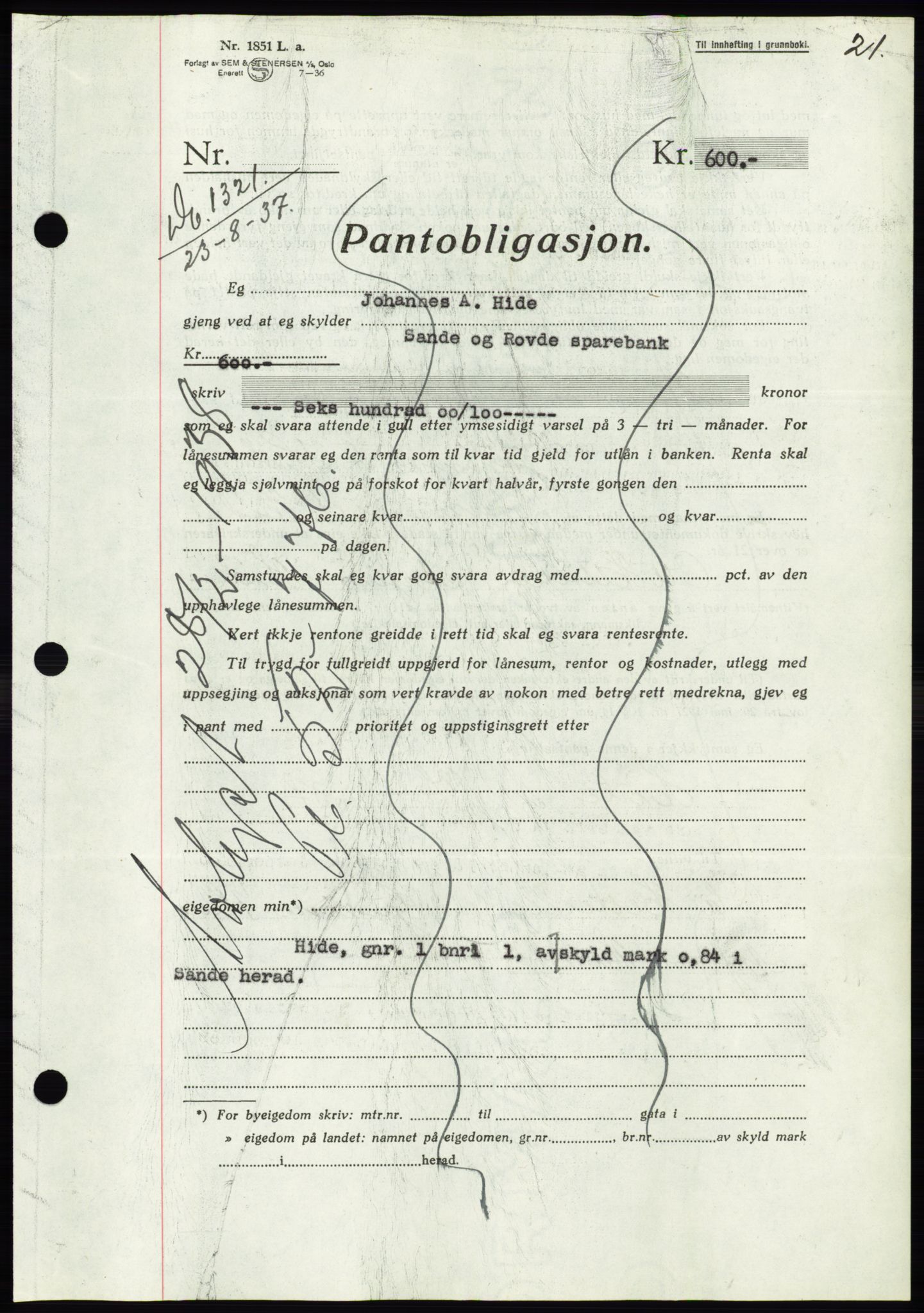 Søre Sunnmøre sorenskriveri, AV/SAT-A-4122/1/2/2C/L0064: Mortgage book no. 58, 1937-1938, Diary no: : 1321/1937