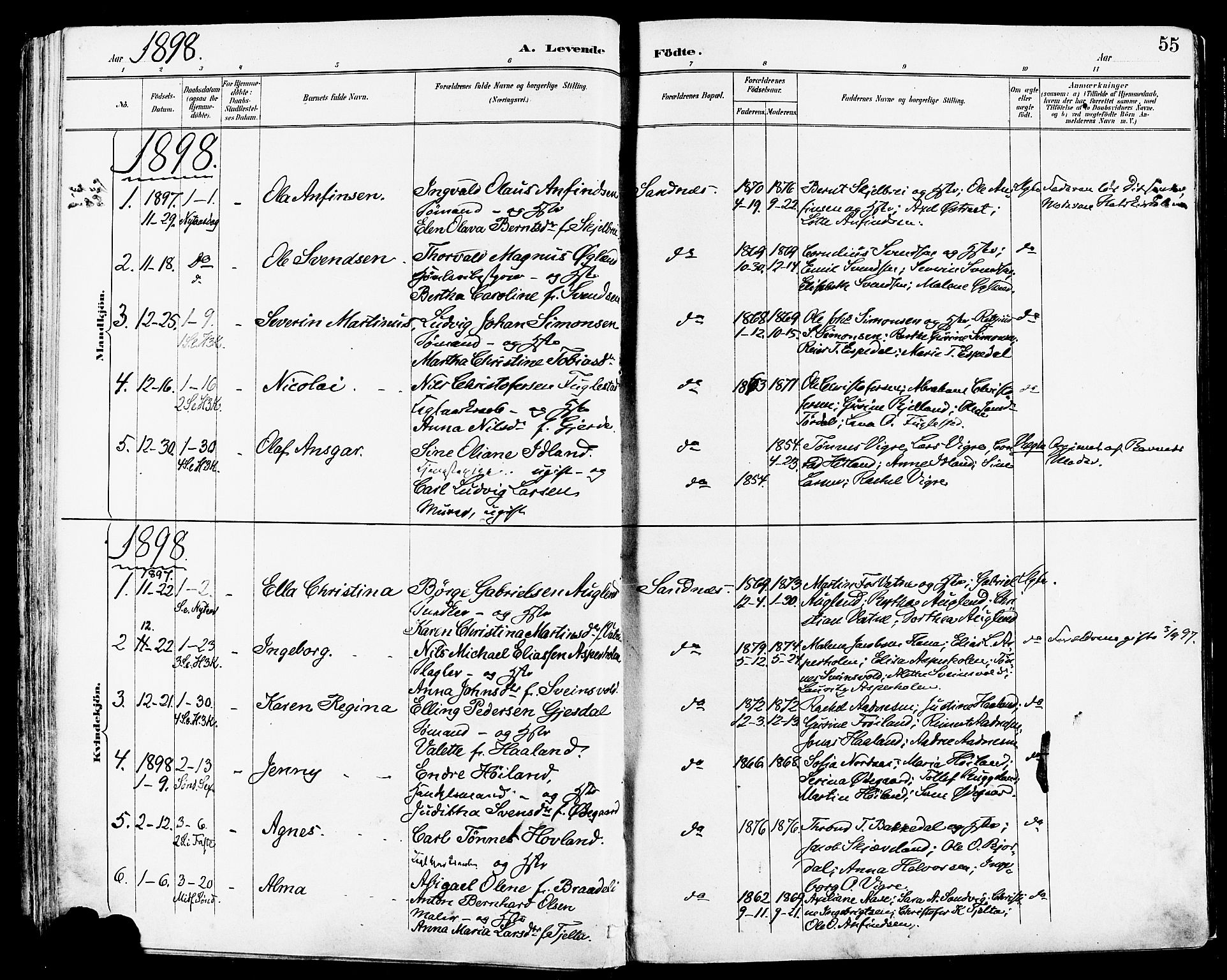 Høyland sokneprestkontor, SAST/A-101799/001/30BA/L0014: Parish register (official) no. A 12, 1890-1898, p. 55