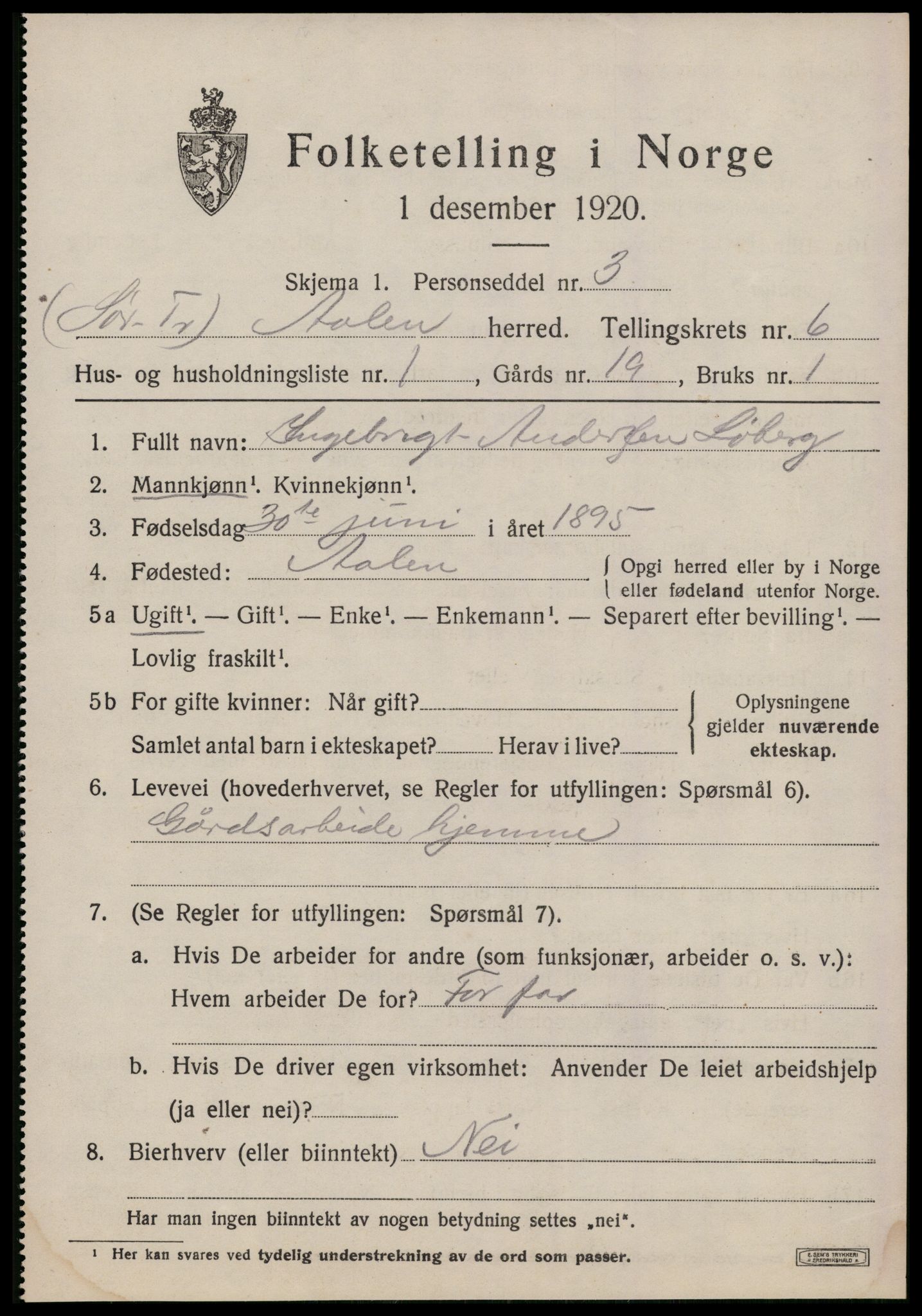 SAT, 1920 census for Ålen, 1920, p. 2920