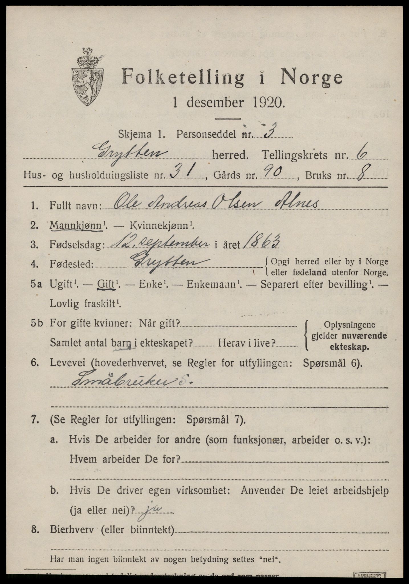 SAT, 1920 census for Grytten, 1920, p. 4510