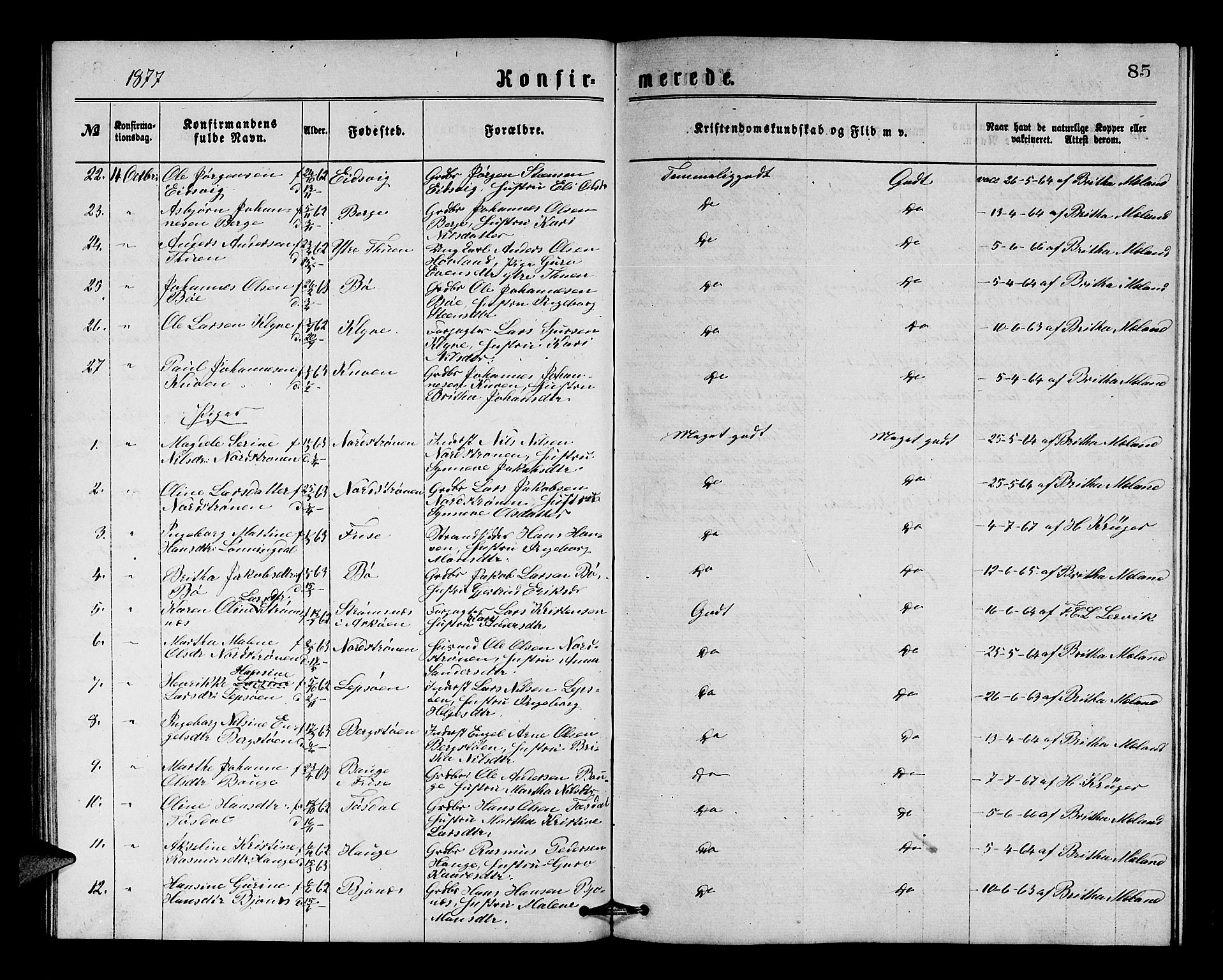 Os sokneprestembete, SAB/A-99929: Parish register (copy) no. A 1, 1869-1879, p. 85