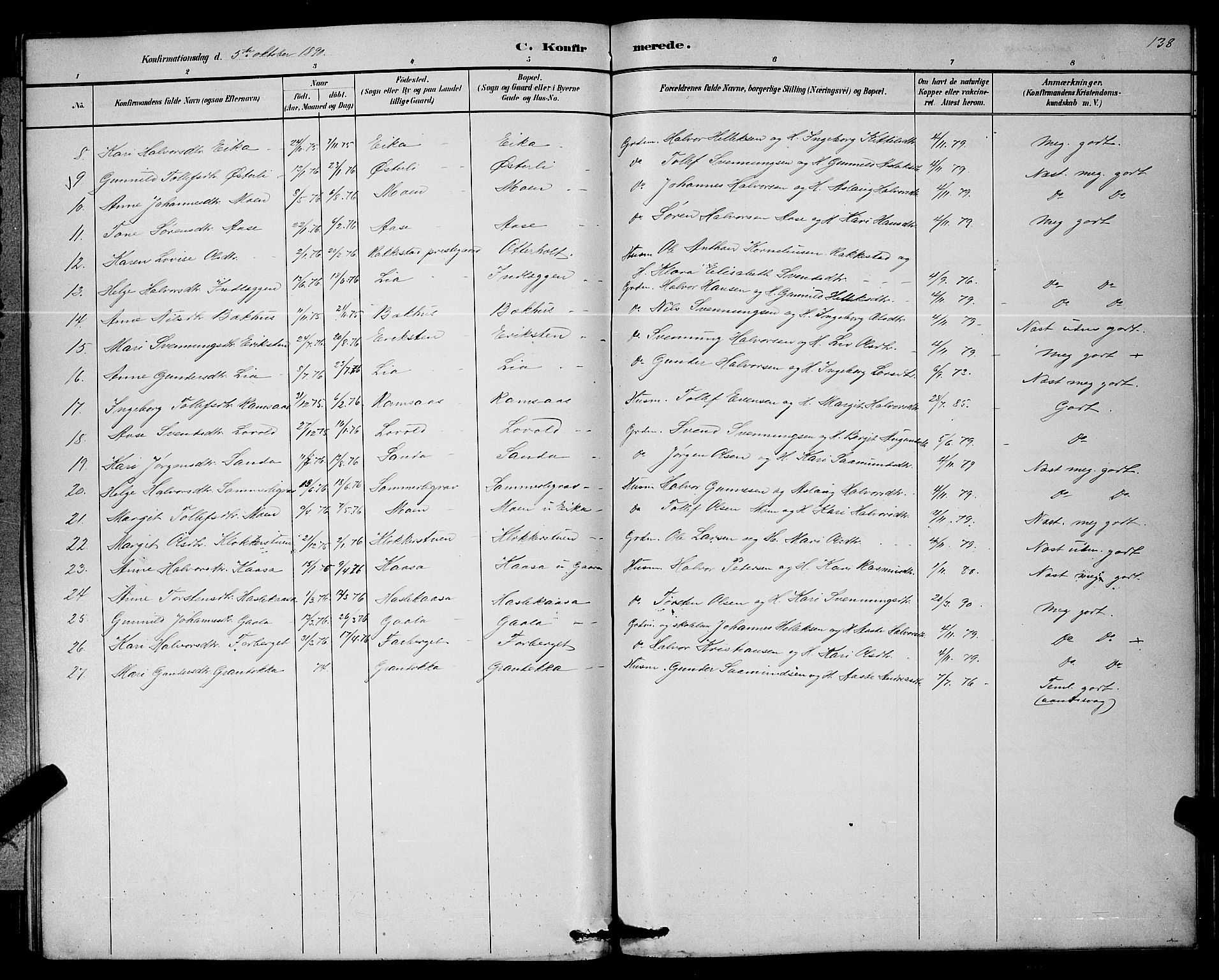 Bø kirkebøker, SAKO/A-257/G/Ga/L0005: Parish register (copy) no. 5, 1883-1897, p. 138