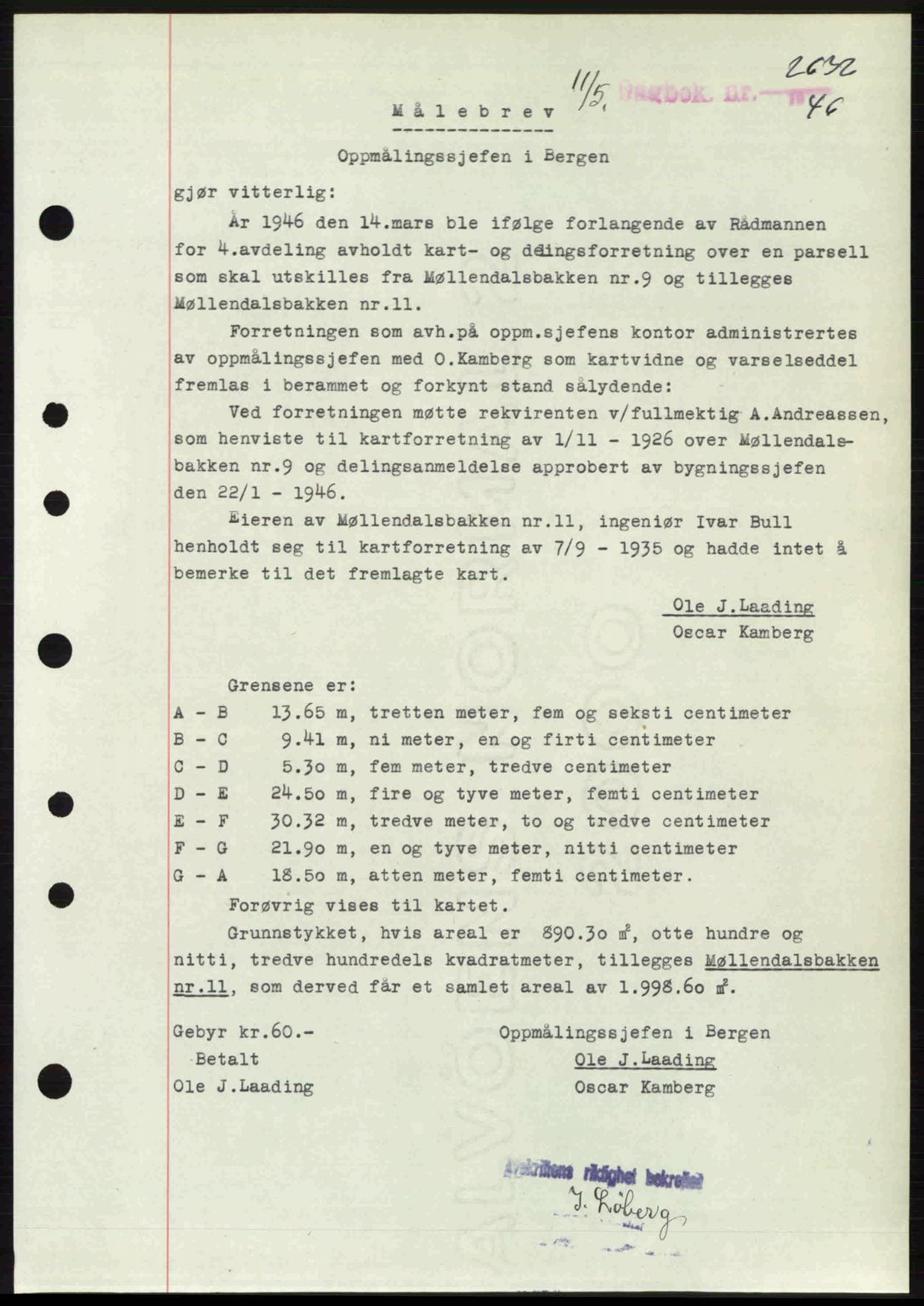 Byfogd og Byskriver i Bergen, SAB/A-3401/03/03Bc/L0022: Mortgage book no. A18, 1946-1946, Diary no: : 2632/1946