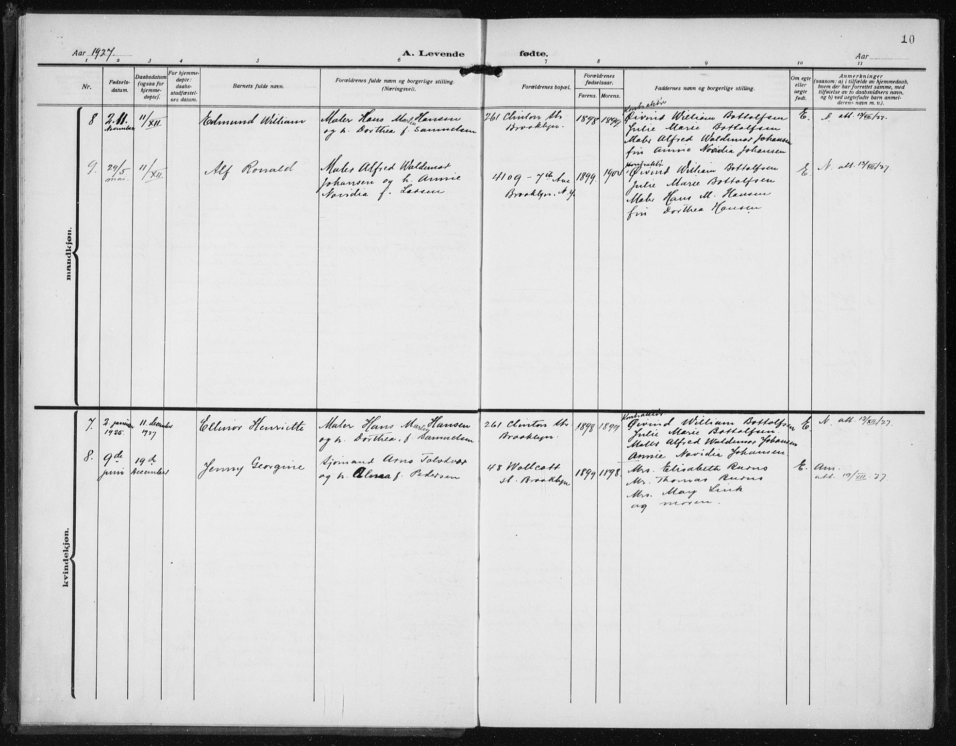 Den norske sjømannsmisjon i utlandet/New York, SAB/SAB/PA-0110/H/Ha/L0008: Parish register (official) no. A 8, 1923-1935, p. 10