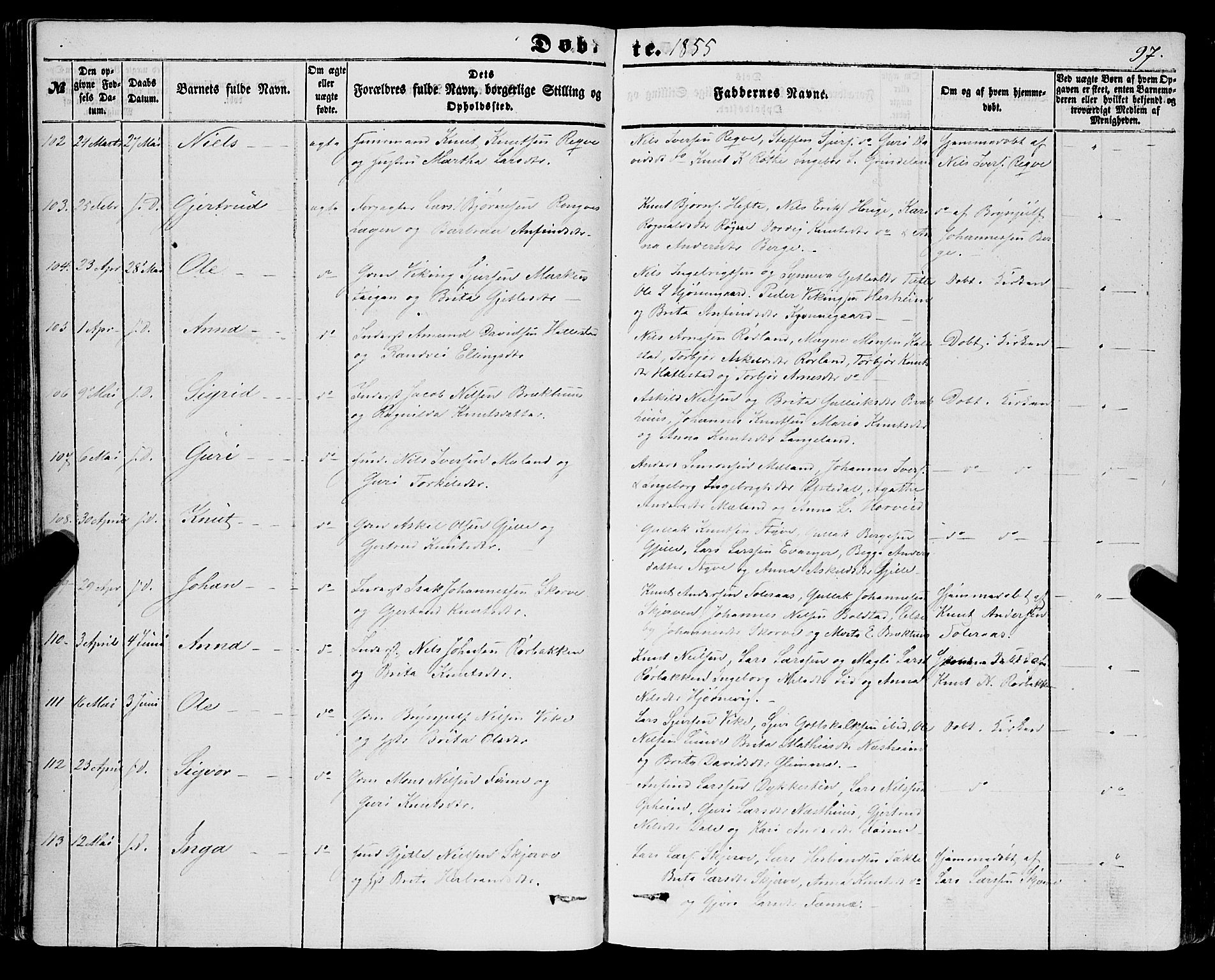 Voss sokneprestembete, AV/SAB-A-79001/H/Haa: Parish register (official) no. A 16, 1849-1863, p. 97