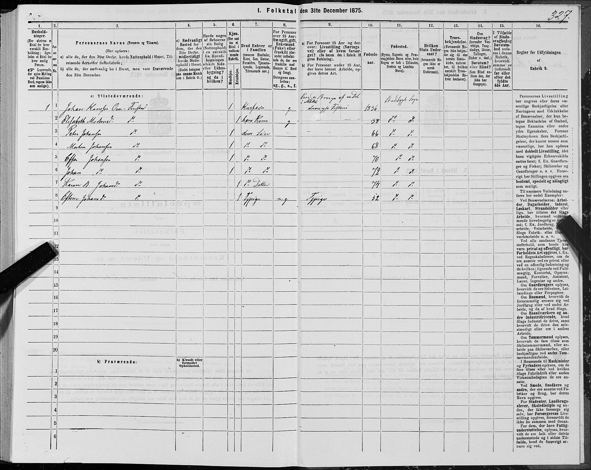 SAT, 1875 census for 1625P Stadsbygd, 1875, p. 1327