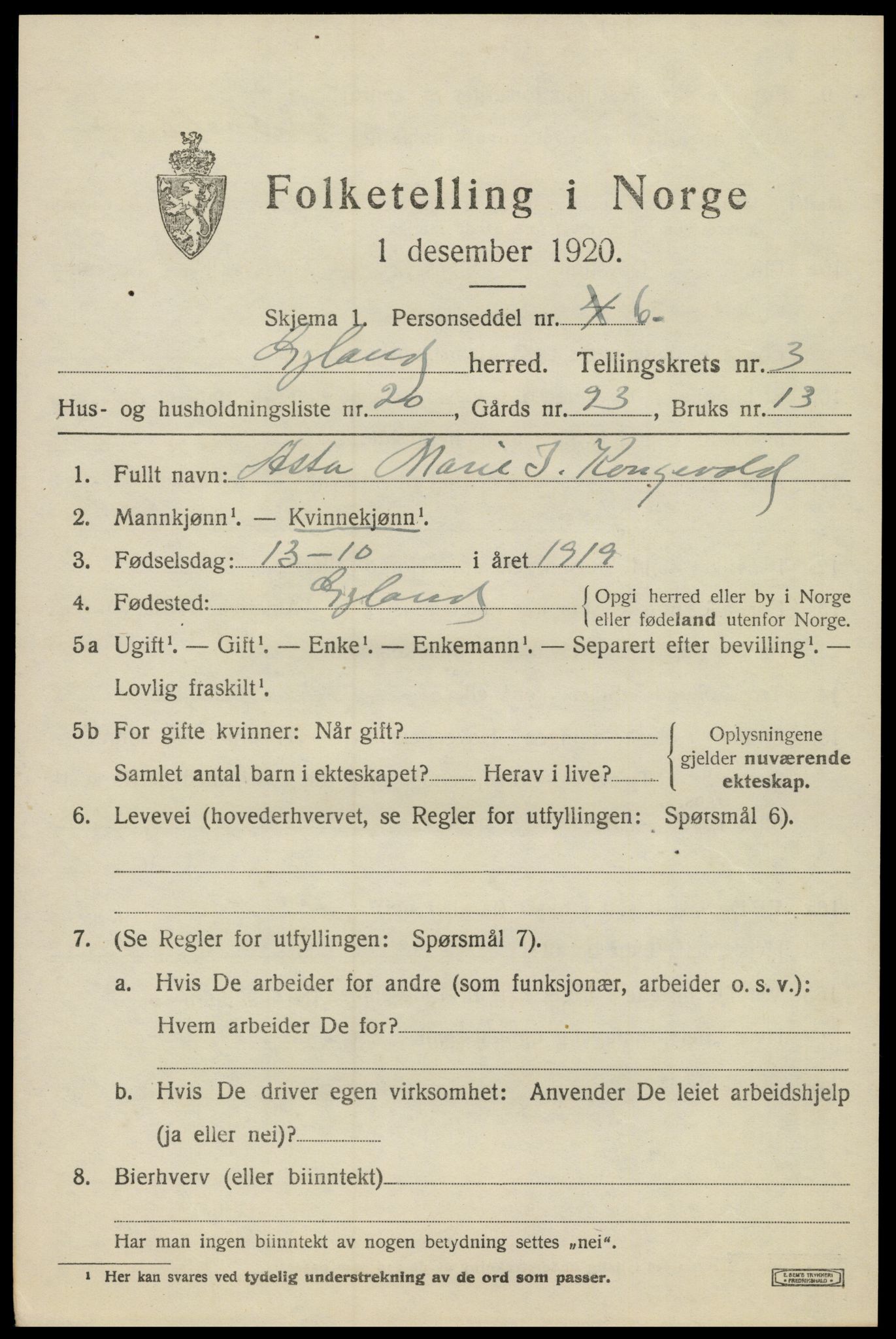 SAK, 1920 census for Gyland, 1920, p. 1000