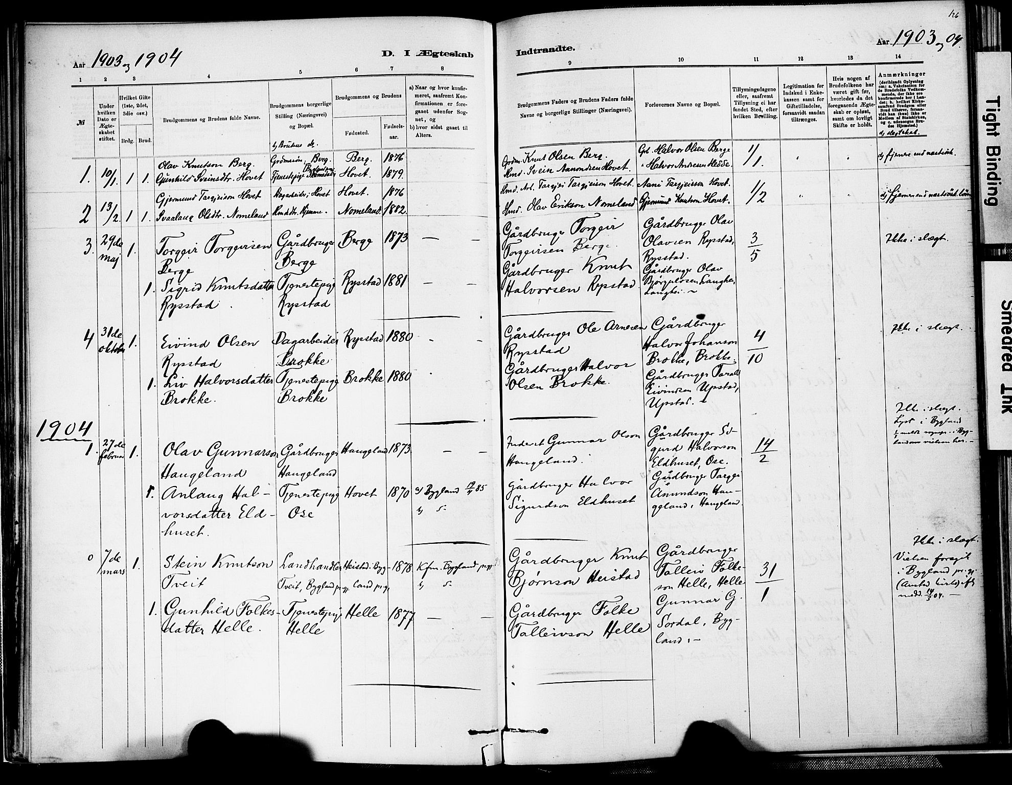 Valle sokneprestkontor, SAK/1111-0044/F/Fa/Fab/L0001: Parish register (official) no. A 1, 1882-1910, p. 126