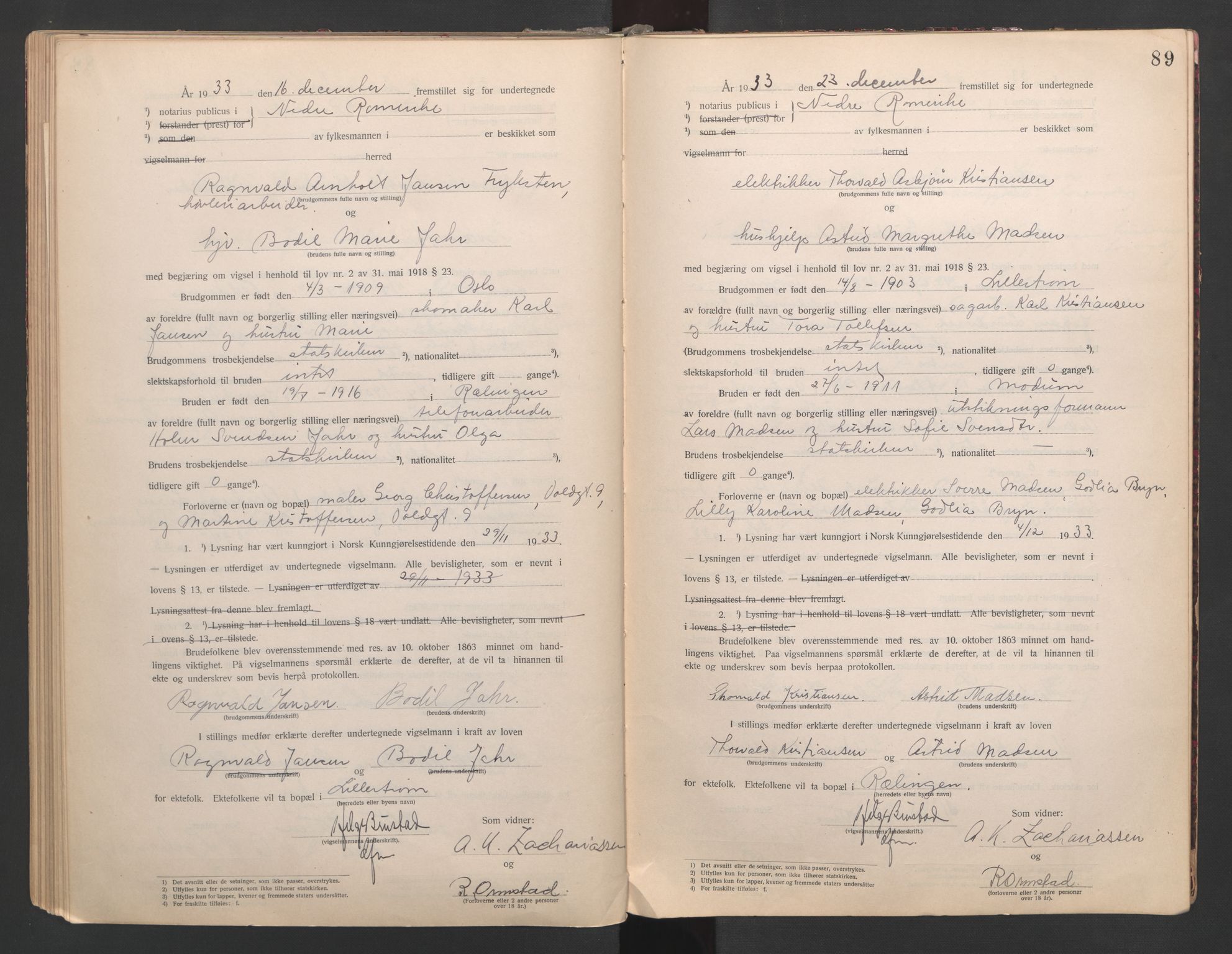 Nedre Romerike sorenskriveri, SAO/A-10469/L/Lb/L0001: Vigselsbok - borgerlige vielser, 1920-1935, p. 89