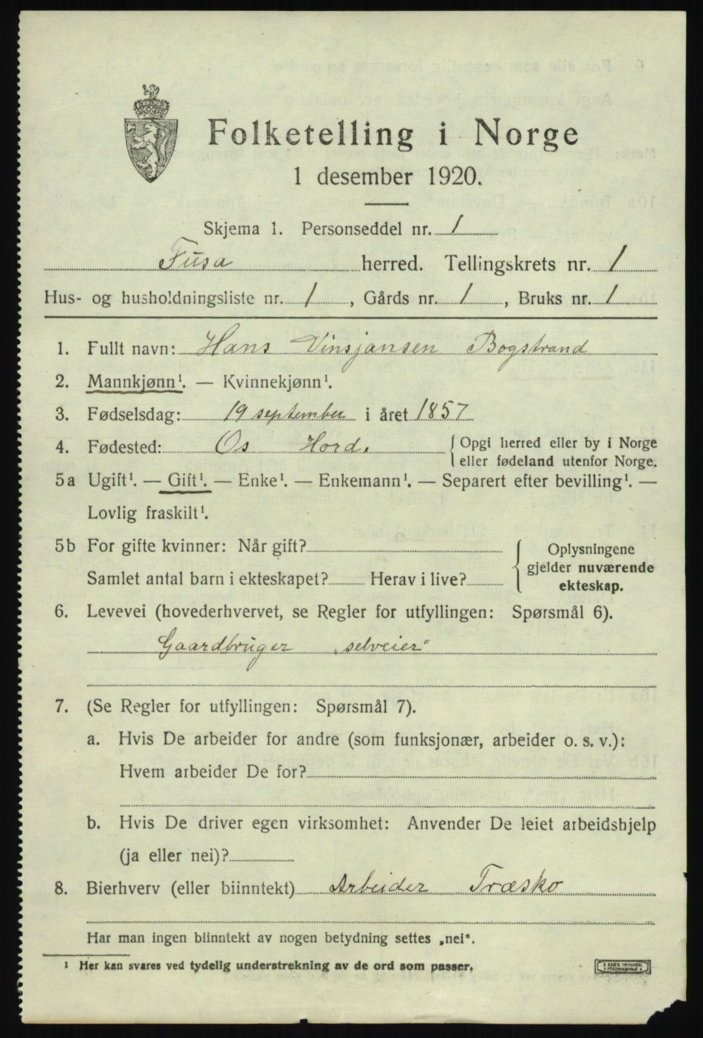 SAB, 1920 census for Fusa, 1920, p. 443