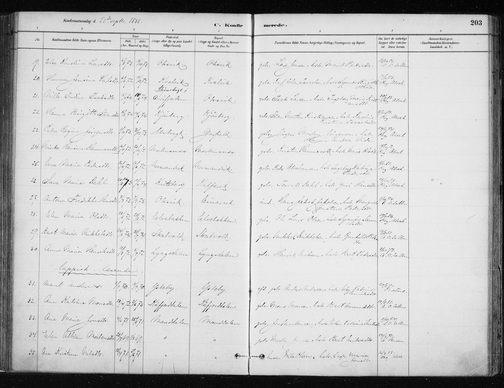 Lyngen sokneprestembete, AV/SATØ-S-1289/H/He/Hea/L0007kirke: Parish register (official) no. 7, 1879-1890, p. 203