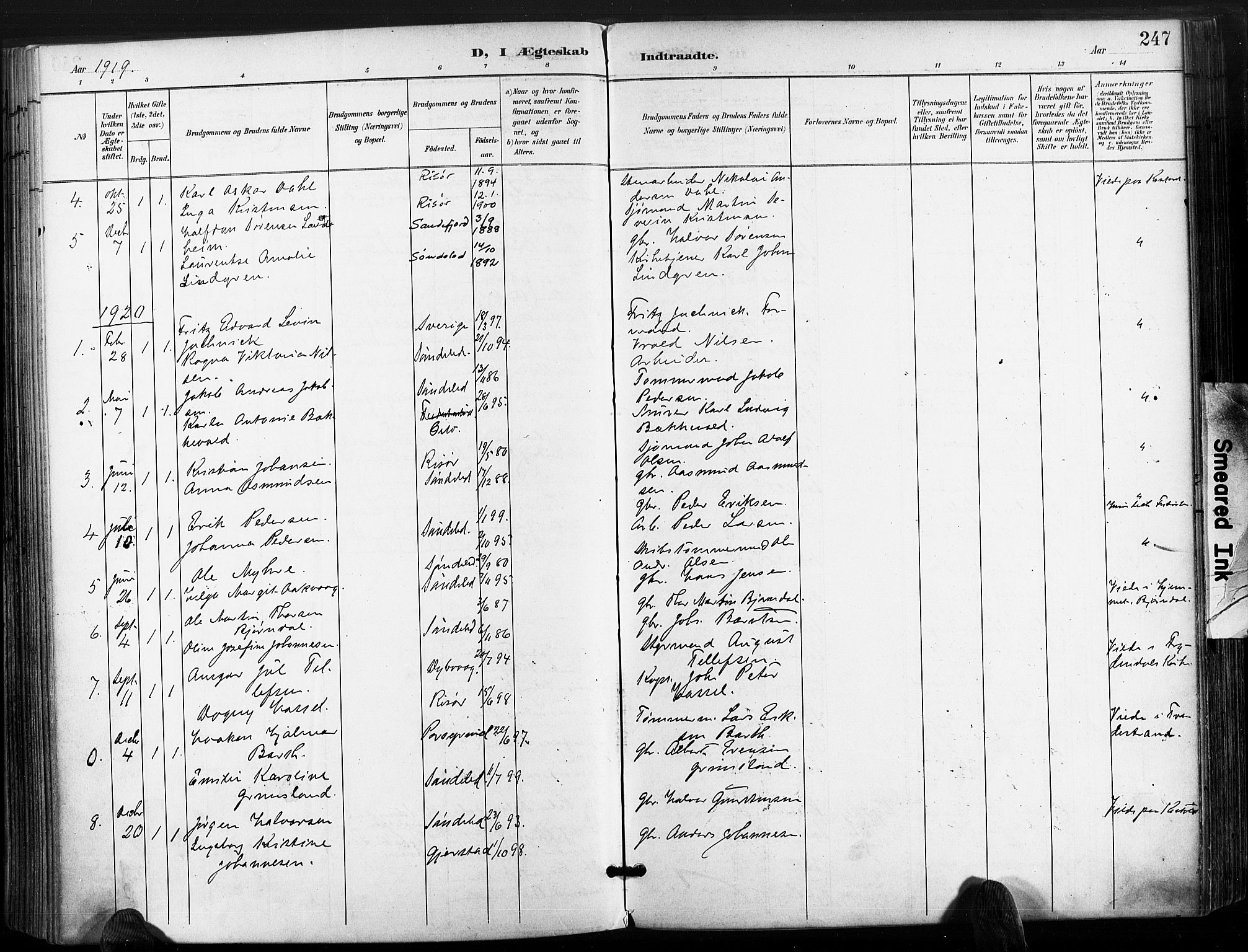 Søndeled sokneprestkontor, SAK/1111-0038/F/Fa/L0006: Parish register (official) no. A 6, 1900-1922, p. 247