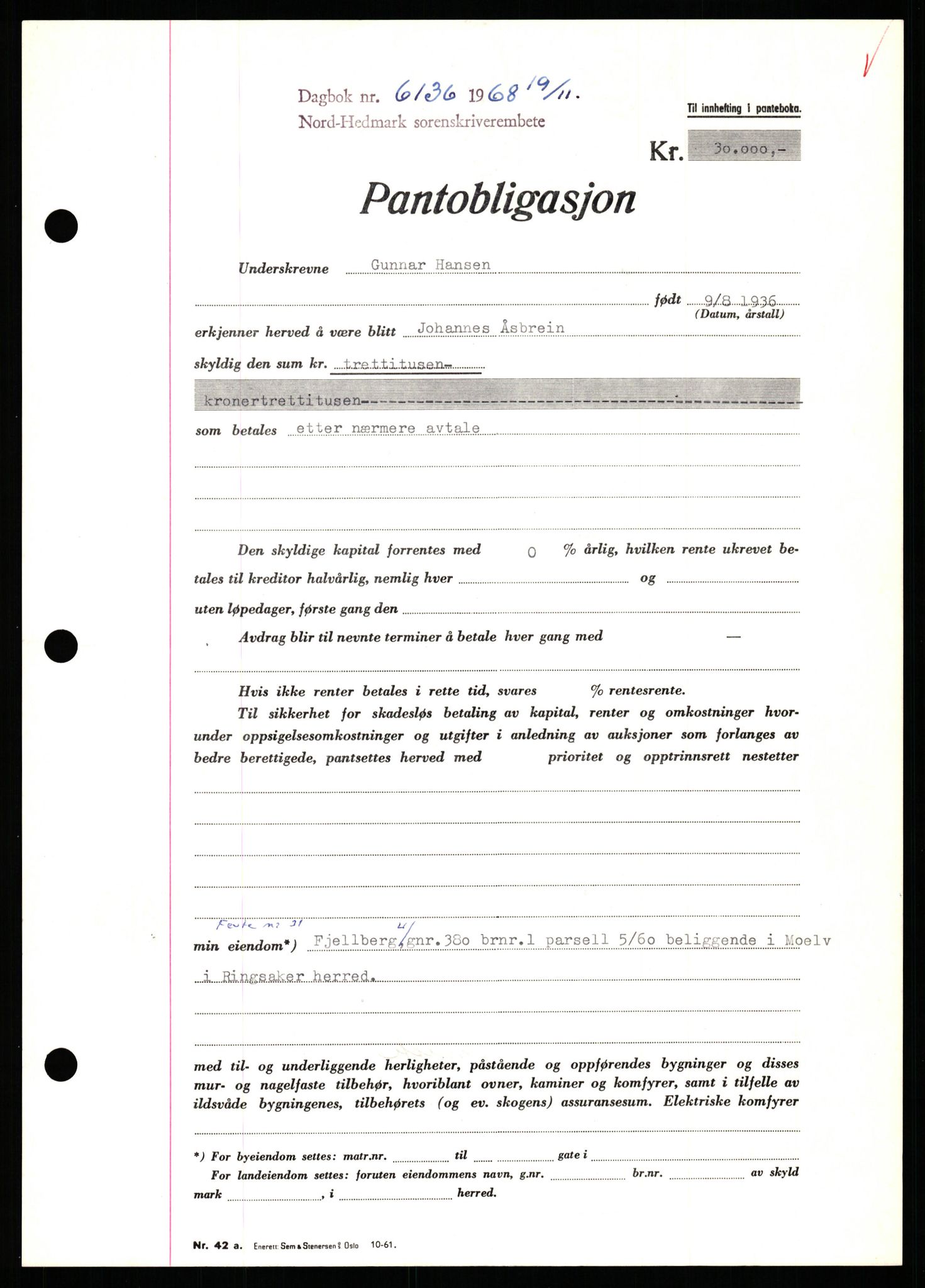Nord-Hedmark sorenskriveri, SAH/TING-012/H/Hb/Hbf/L0077: Mortgage book no. B77, 1968-1969, Diary no: : 6136/1968