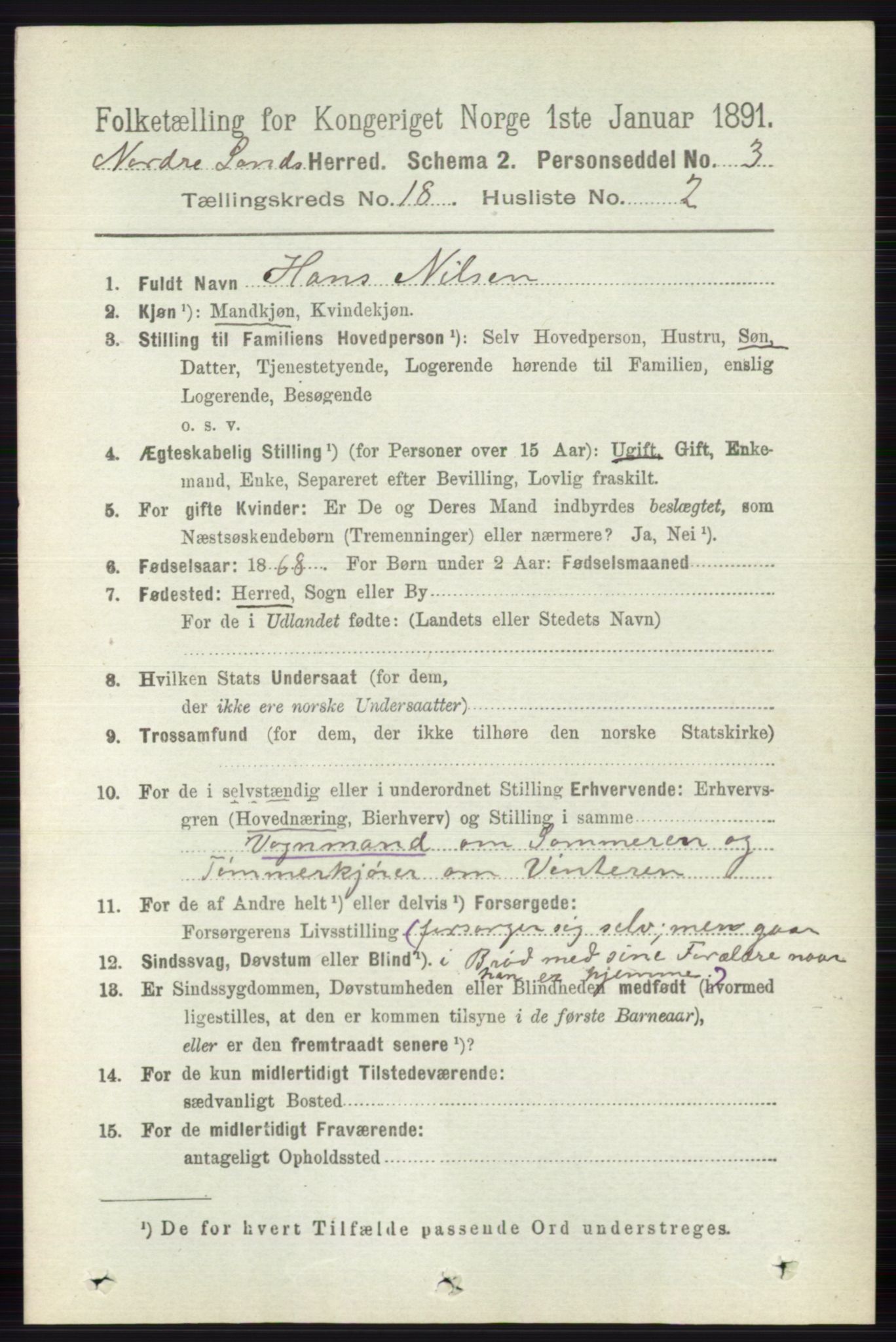 RA, 1891 census for 0538 Nordre Land, 1891, p. 4396