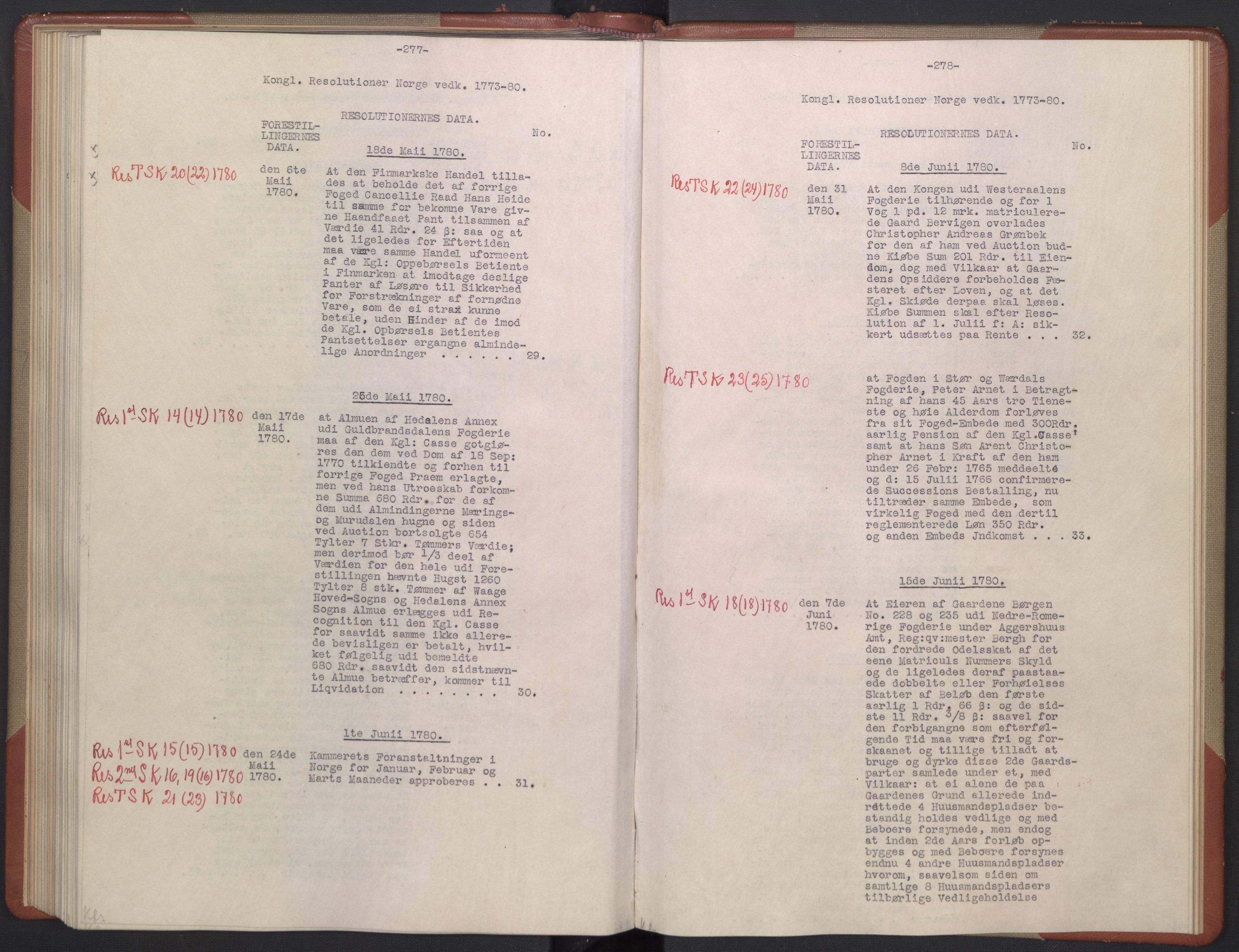 Avskriftsamlingen, AV/RA-EA-4022/F/Fb/L0122: Registratur over norske Relasjons- og resolusjonsprotokoller, 1773-1780, p. 97
