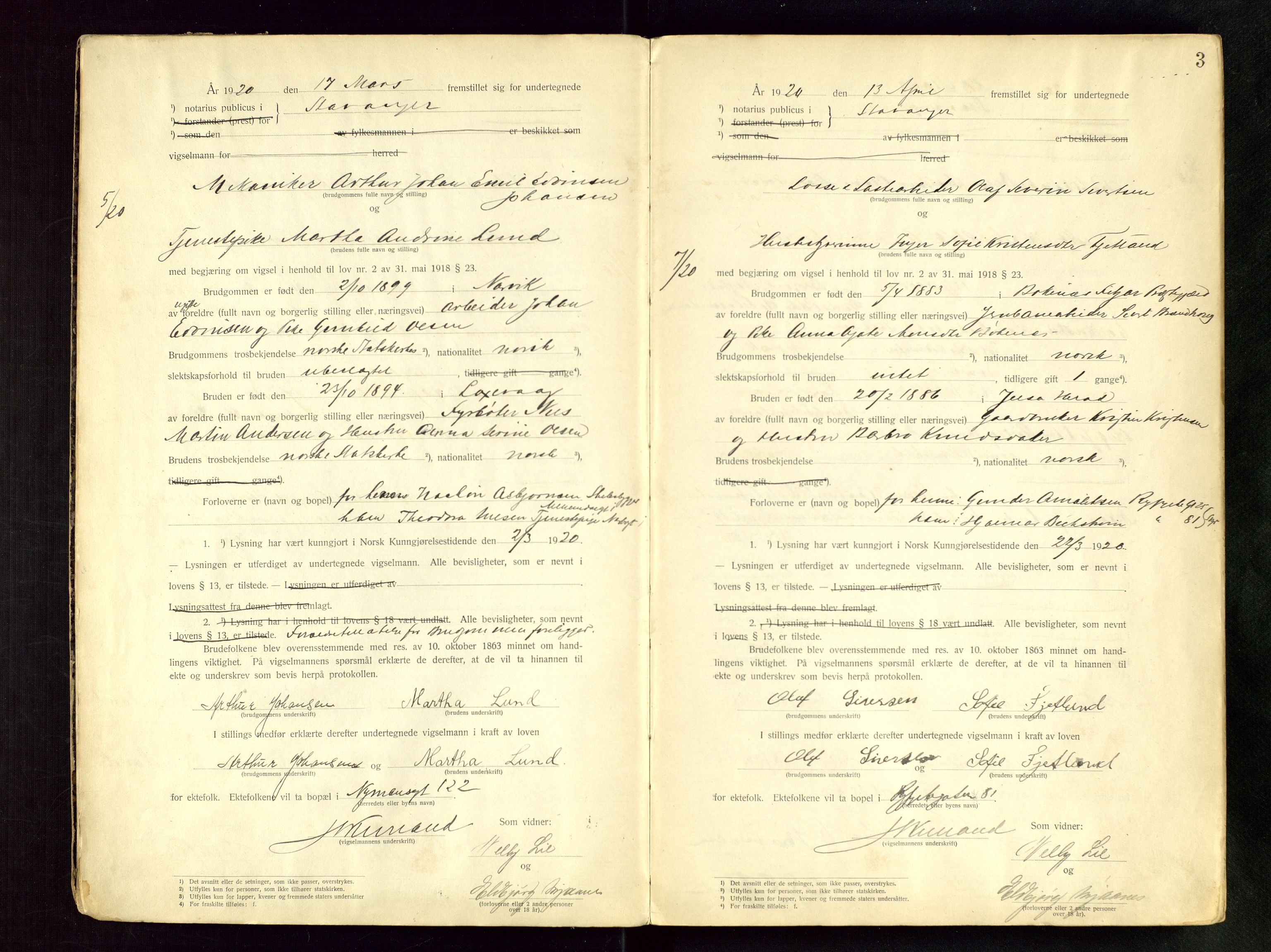 Stavanger byfogd, AV/SAST-A-101408/001/6/62/62BB/L0001: Vigselsprotokoll, 1920-1926, p. 3