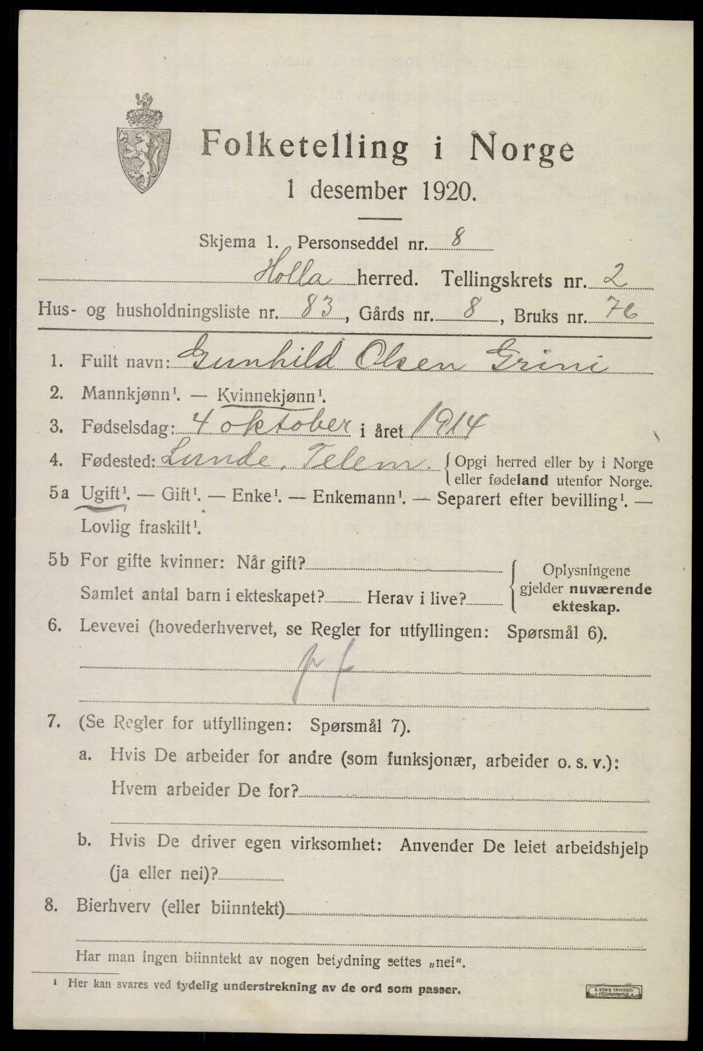 SAKO, 1920 census for Holla, 1920, p. 2587