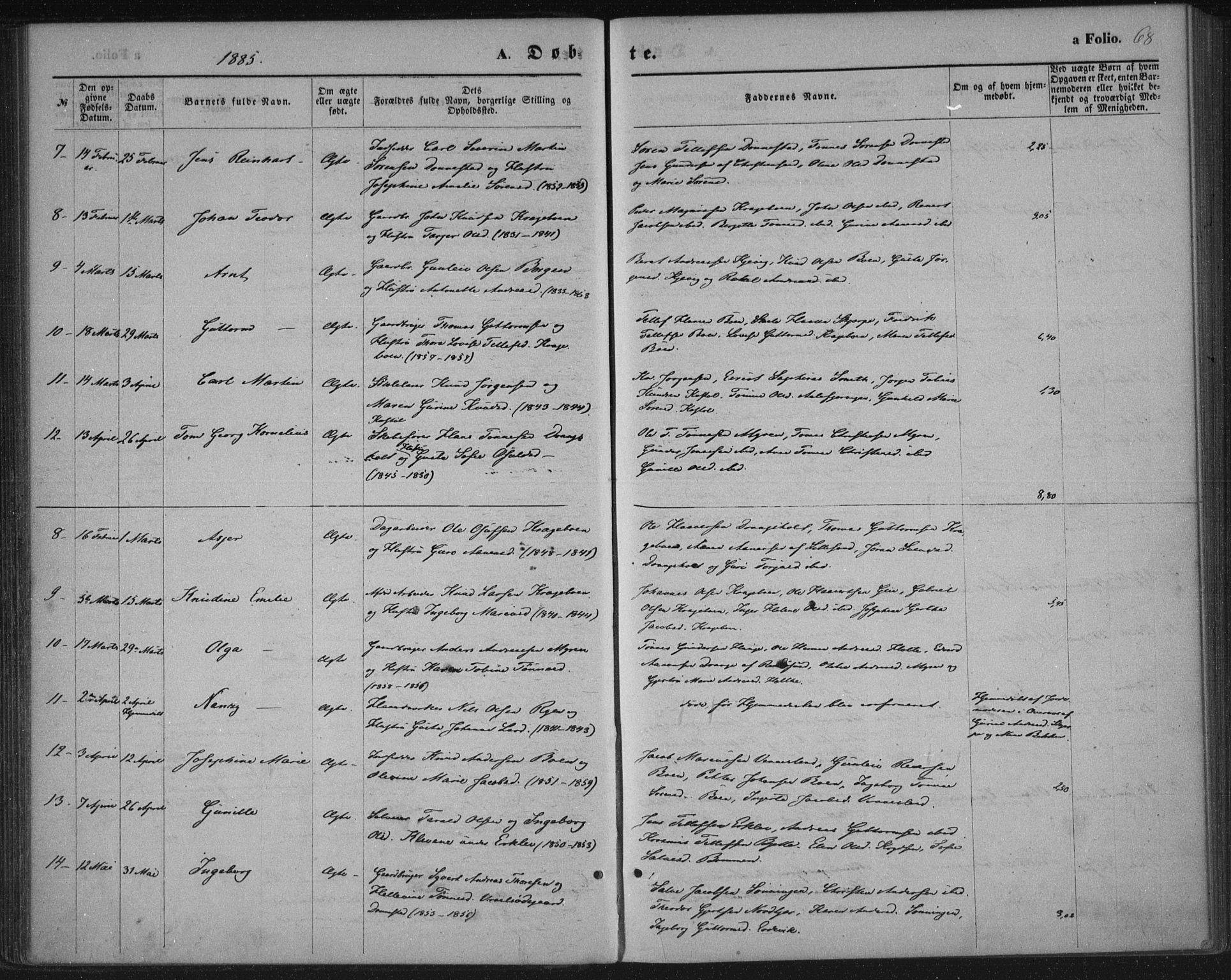 Tveit sokneprestkontor, AV/SAK-1111-0043/F/Fa/L0006: Parish register (official) no. A 6, 1872-1886, p. 68