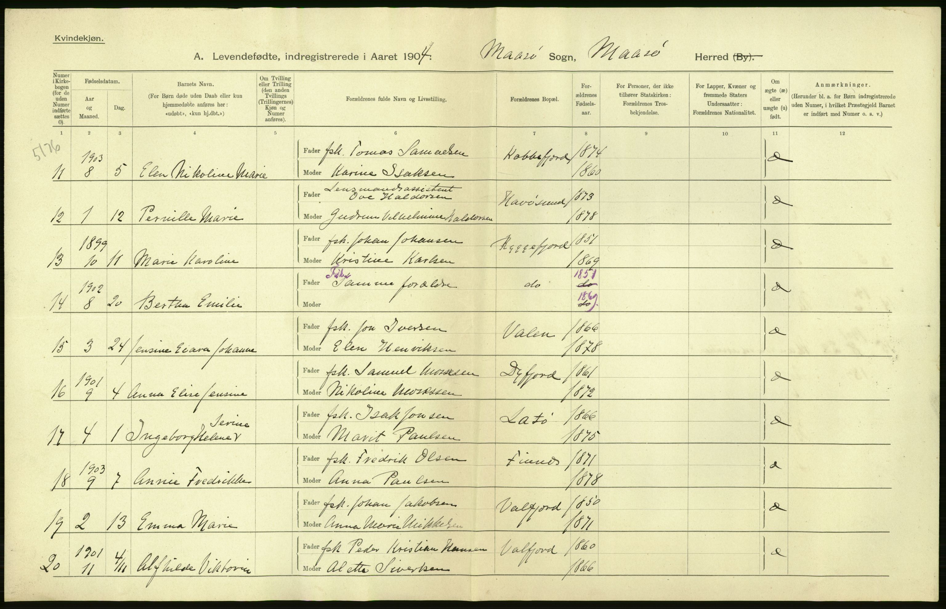 Statistisk sentralbyrå, Sosiodemografiske emner, Befolkning, AV/RA-S-2228/D/Df/Dfa/Dfab/L0023: Finnmarkens amt: Fødte, gifte, døde, 1904, p. 6