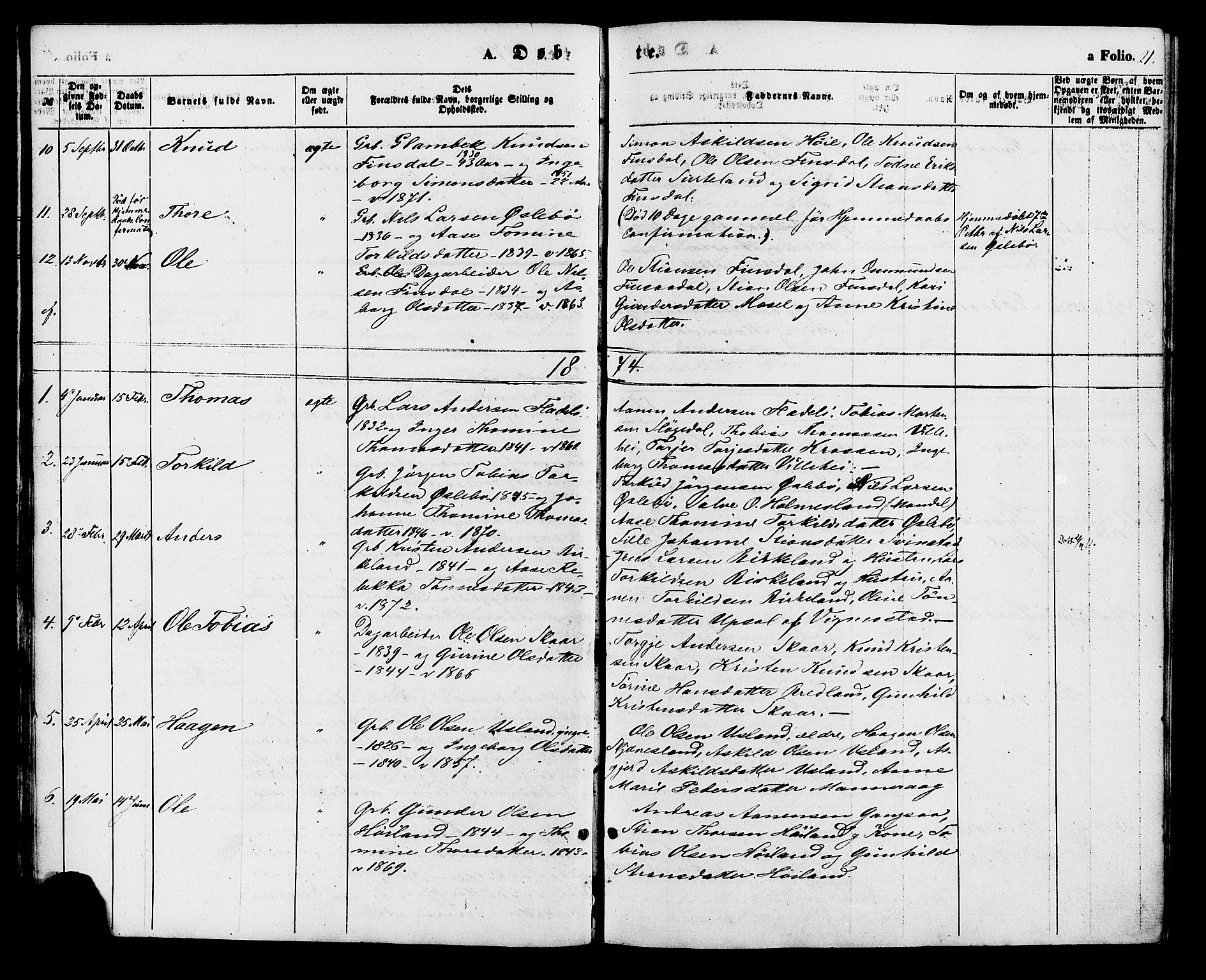 Holum sokneprestkontor, AV/SAK-1111-0022/F/Fa/Fac/L0003: Parish register (official) no. A 3, 1860-1883, p. 21