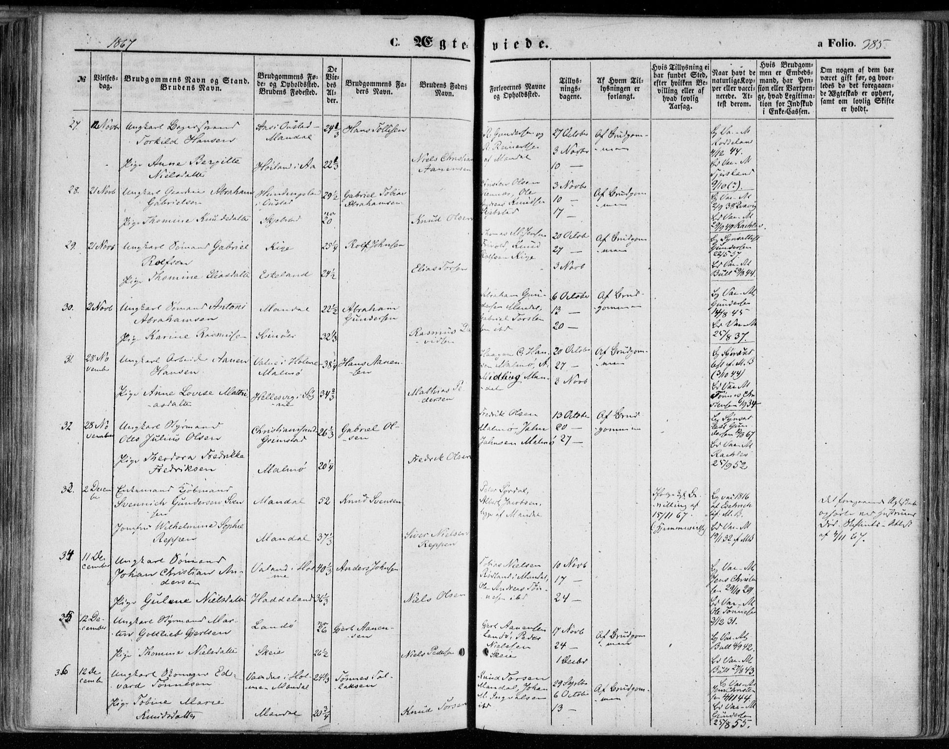 Mandal sokneprestkontor, AV/SAK-1111-0030/F/Fa/Faa/L0014: Parish register (official) no. A 14, 1859-1872, p. 385