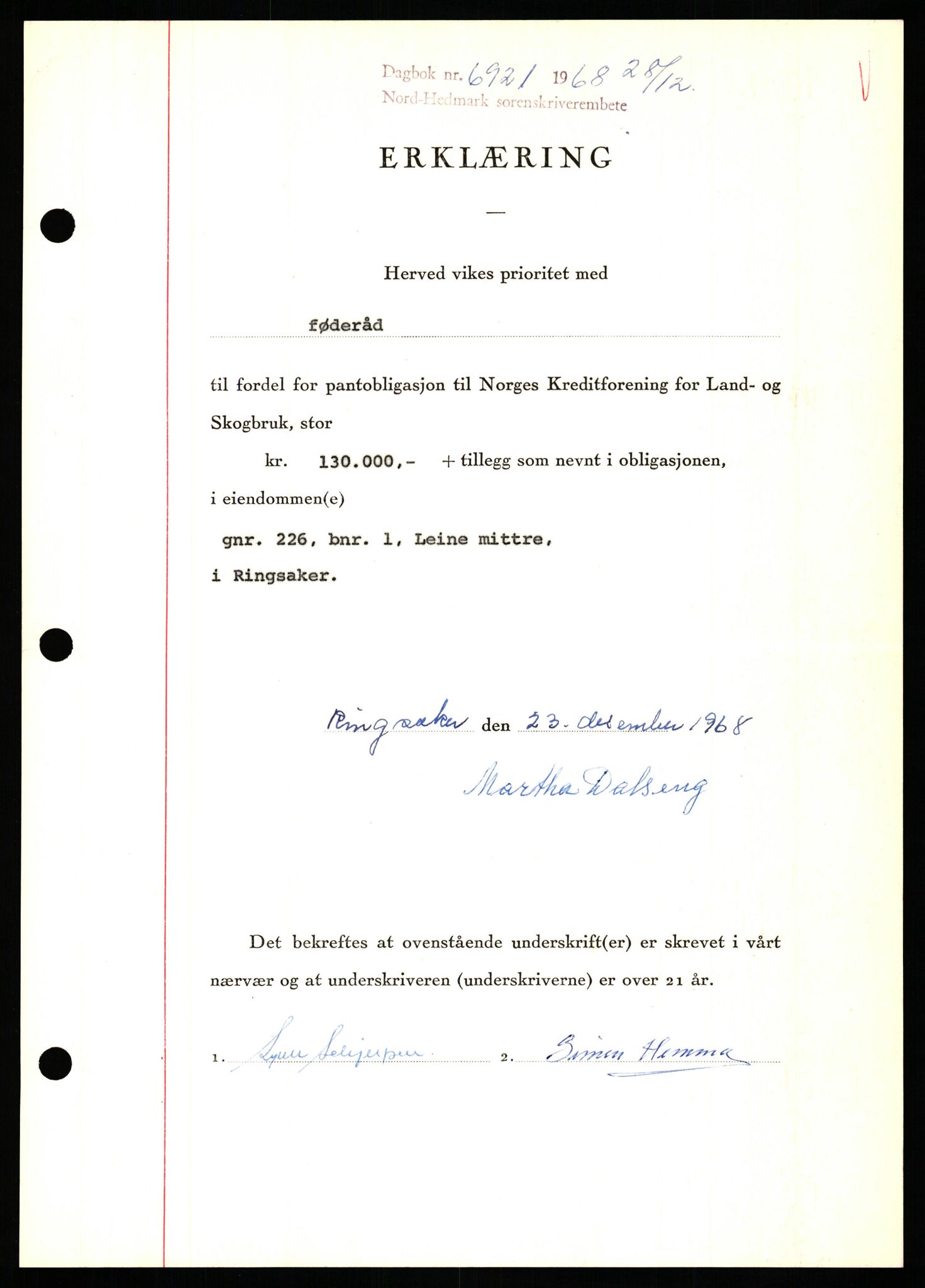 Nord-Hedmark sorenskriveri, SAH/TING-012/H/Hb/Hbf/L0077: Mortgage book no. B77, 1968-1969, Diary no: : 6921/1968