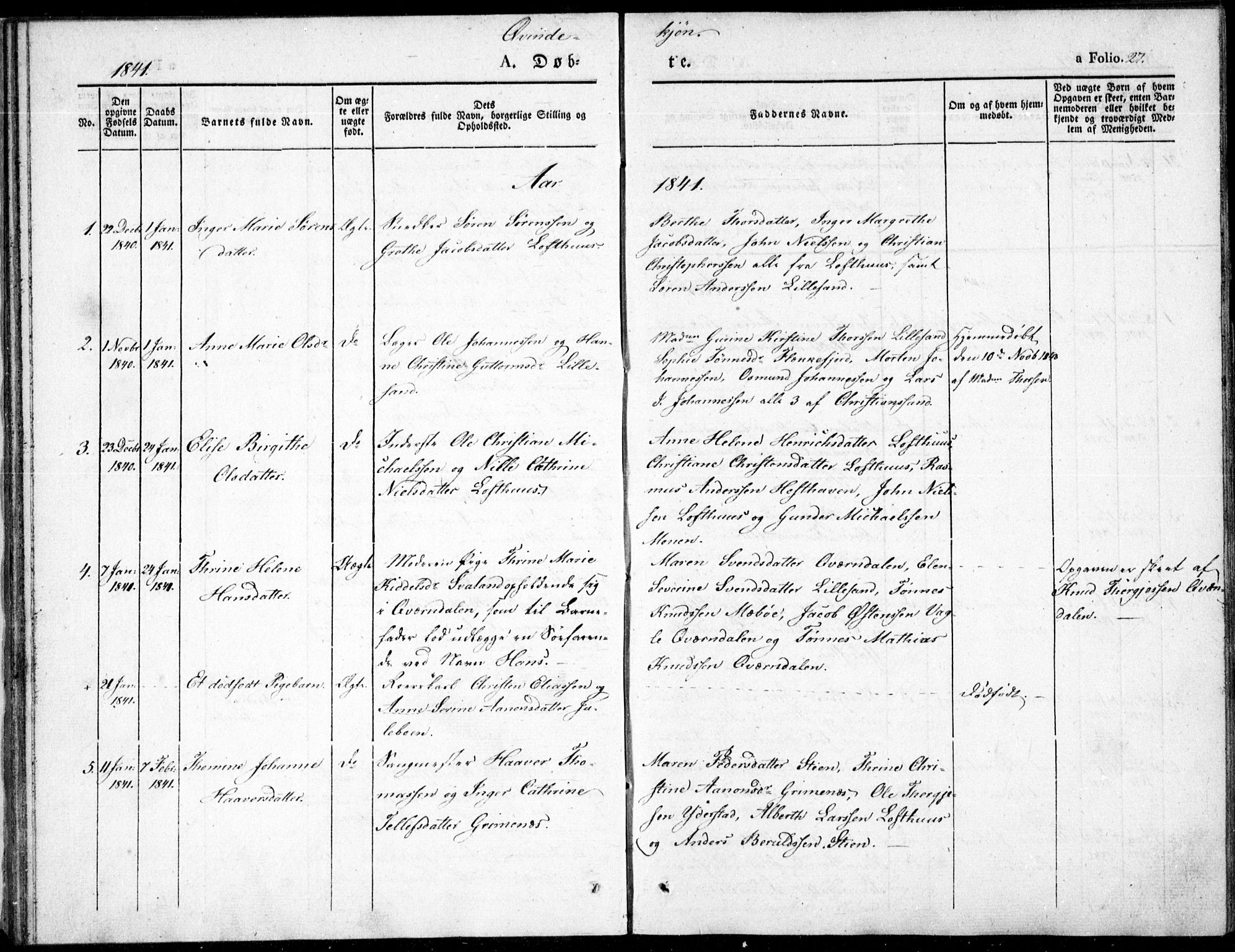 Vestre Moland sokneprestkontor, SAK/1111-0046/F/Fb/Fbb/L0002: Parish register (copy) no. B 2, 1836-1851, p. 27
