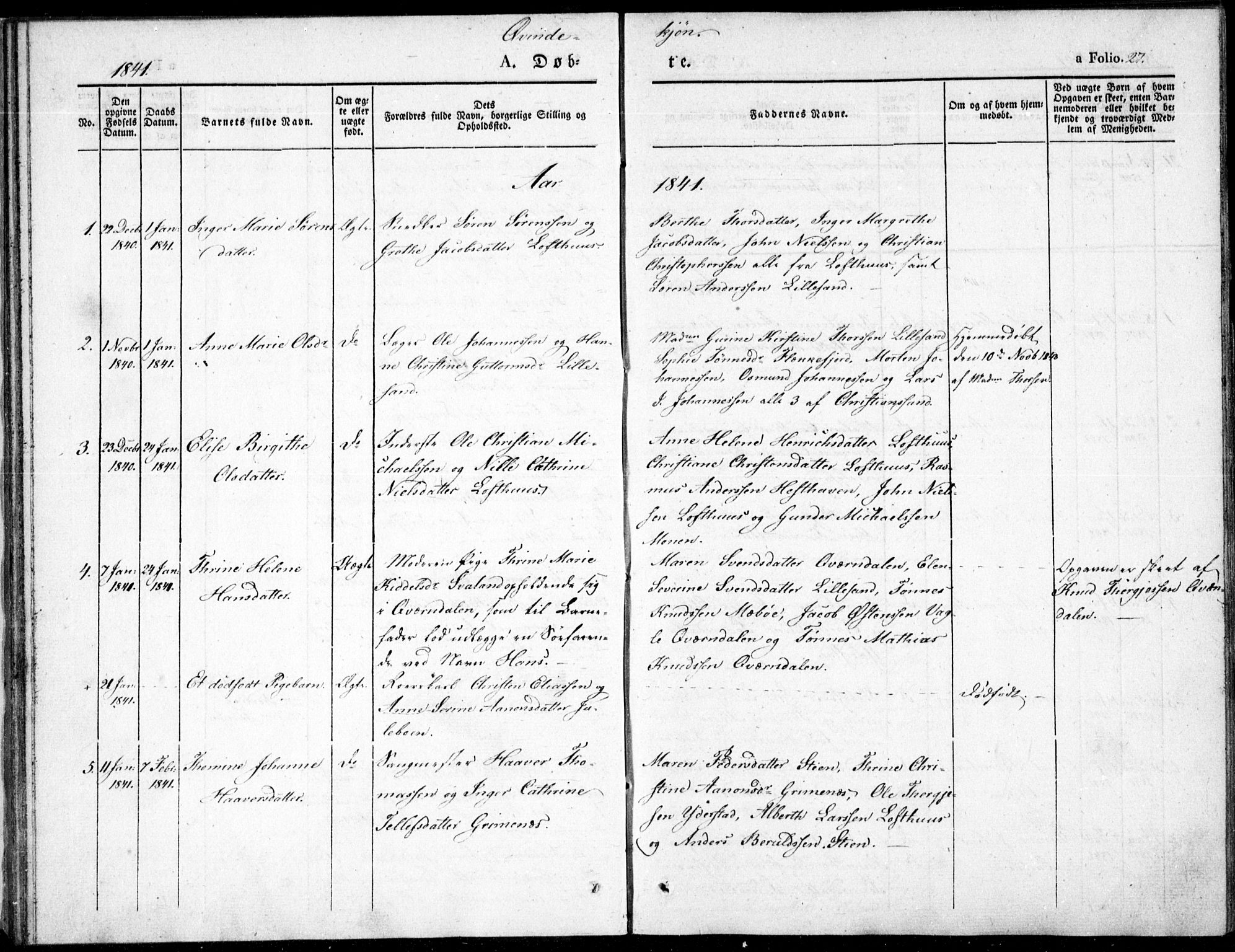 Vestre Moland sokneprestkontor, AV/SAK-1111-0046/F/Fb/Fbb/L0002: Parish register (copy) no. B 2, 1836-1851, p. 27