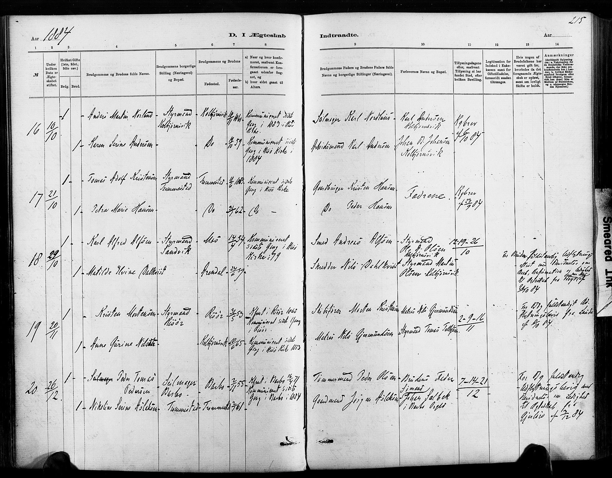 Hisøy sokneprestkontor, AV/SAK-1111-0020/F/Fa/L0003: Parish register (official) no. A 3, 1881-1894, p. 215