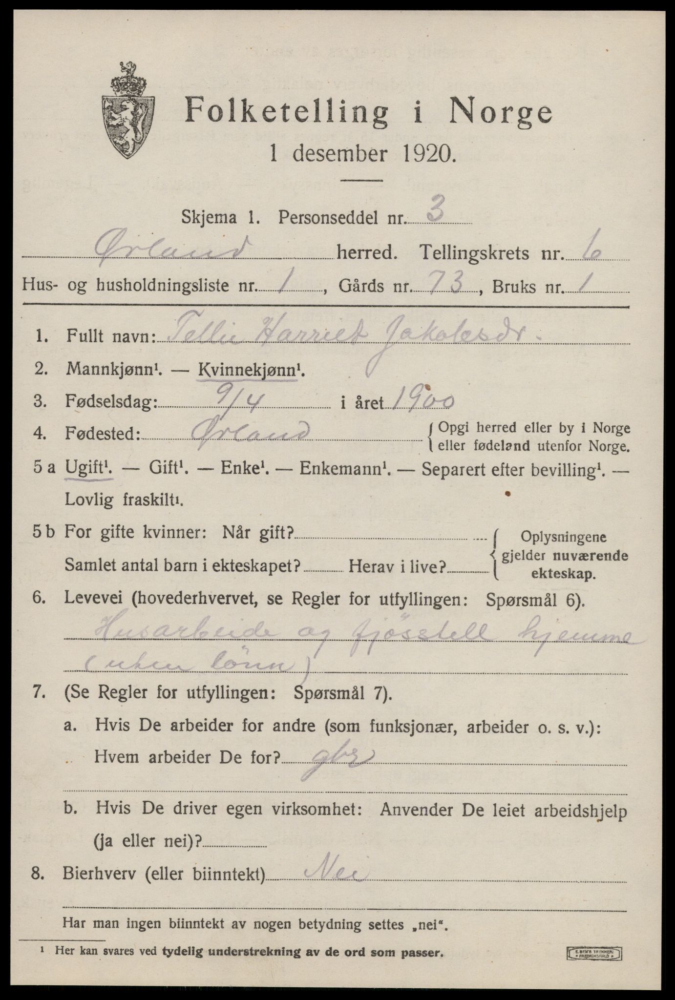 SAT, 1920 census for Ørland, 1920, p. 4939