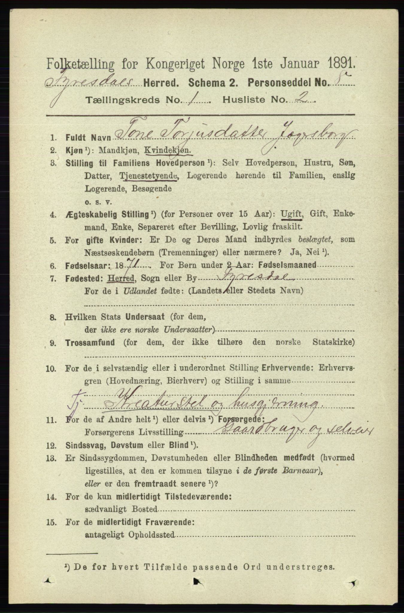 RA, 1891 census for 0831 Fyresdal, 1891, p. 73