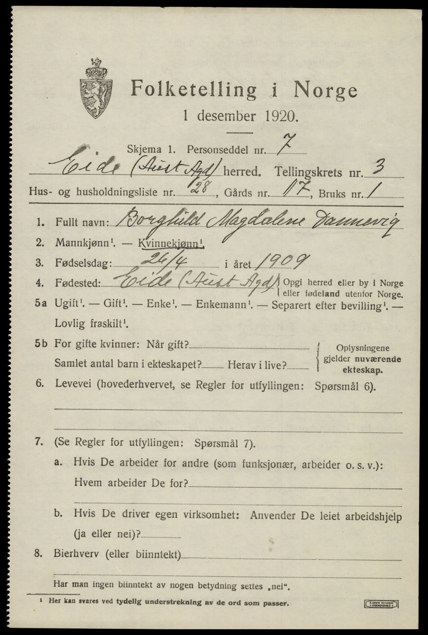 SAK, 1920 census for Eide, 1920, p. 1148