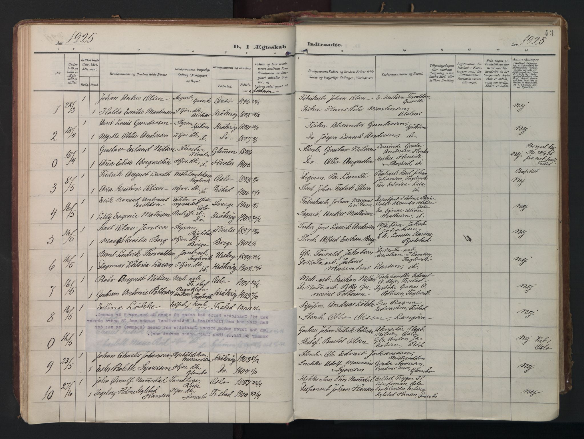 Kråkerøy prestekontor Kirkebøker, AV/SAO-A-10912/F/Fa/L0004: Parish register (official) no. 4, 1908-1965, p. 43