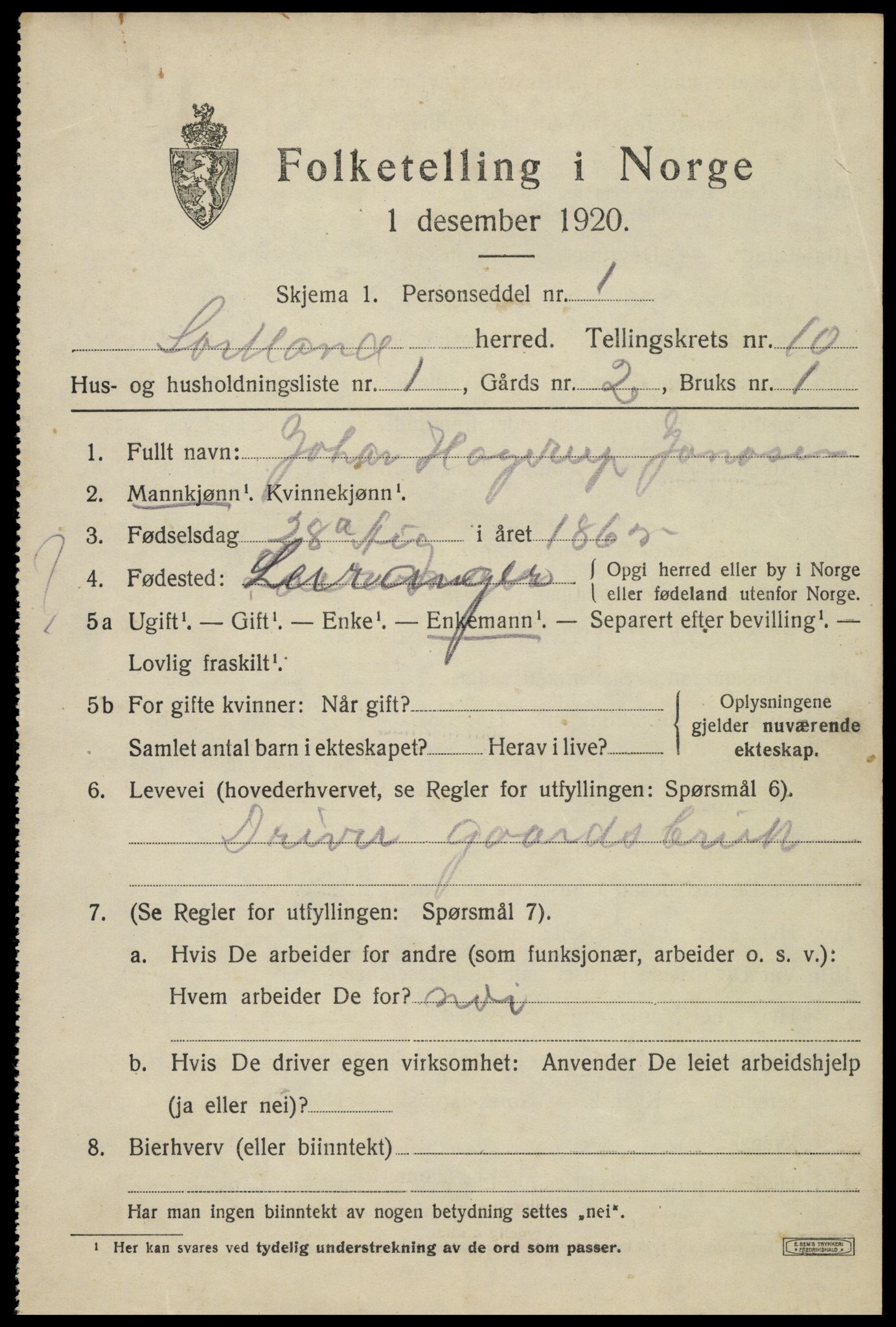 SAT, 1920 census for Sortland, 1920, p. 7616