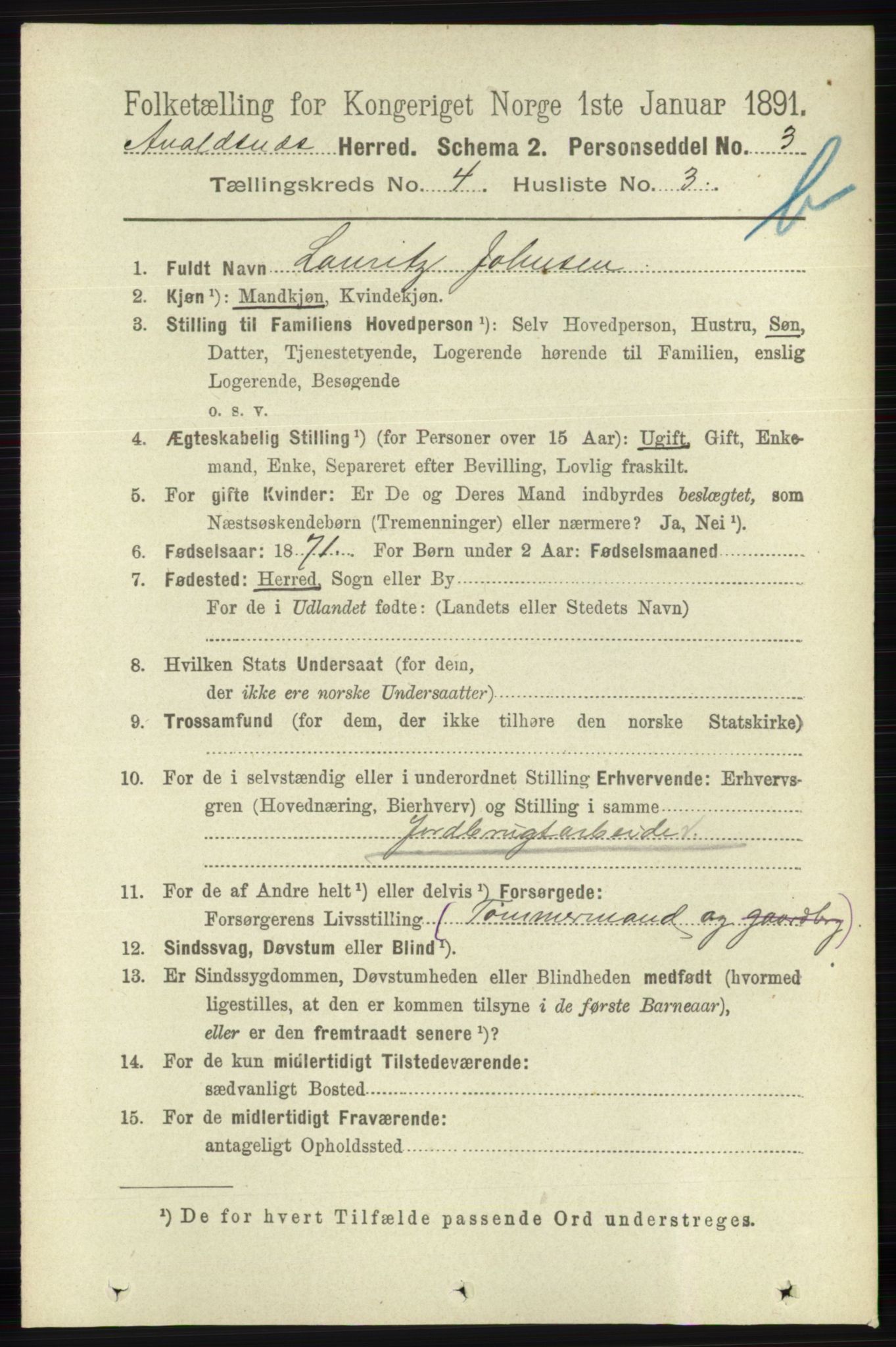 RA, 1891 census for 1147 Avaldsnes, 1891, p. 2833