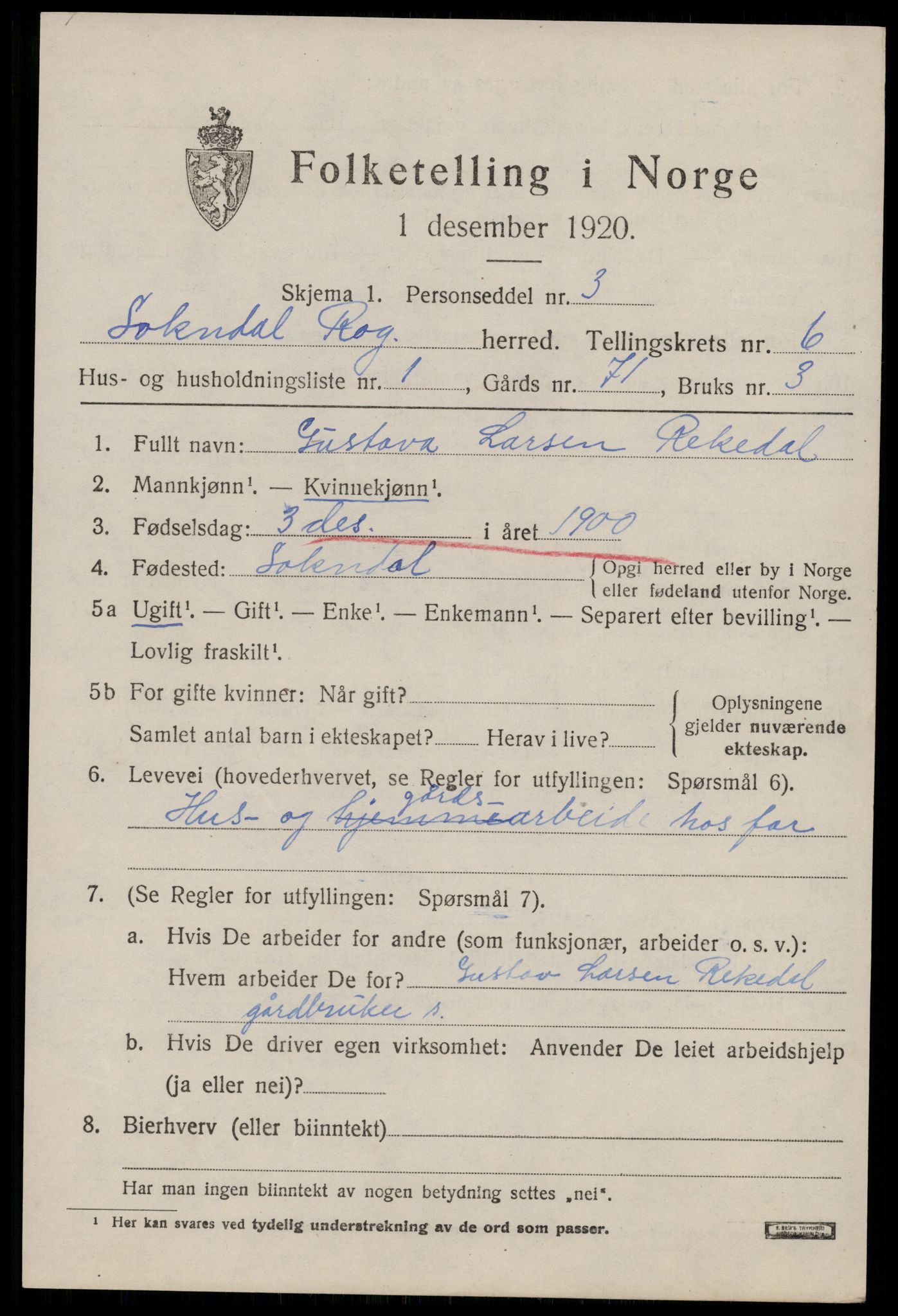 SAST, 1920 census for Sokndal, 1920, p. 3529