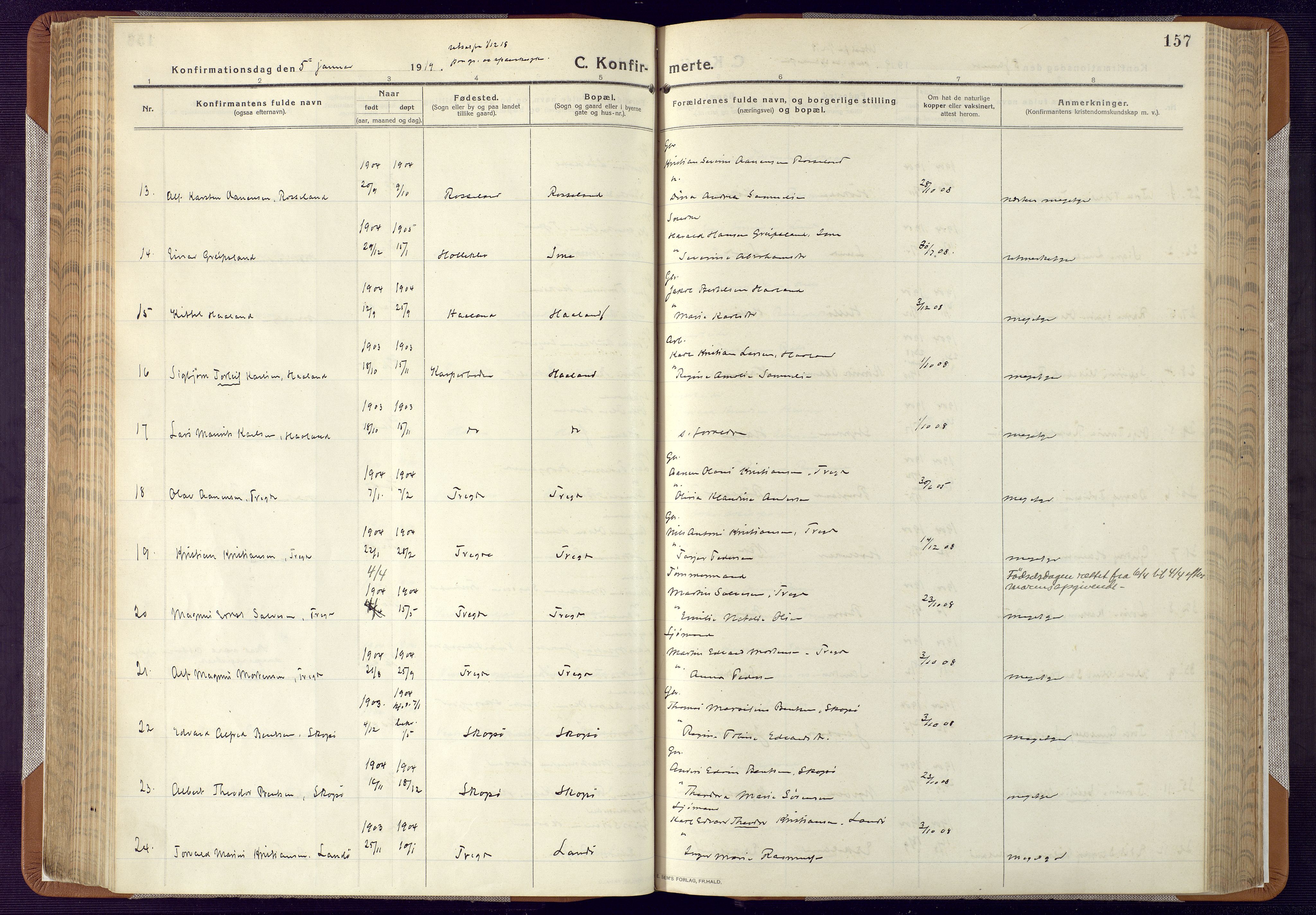 Mandal sokneprestkontor, AV/SAK-1111-0030/F/Fa/Faa/L0022: Parish register (official) no. A 22, 1913-1925, p. 157