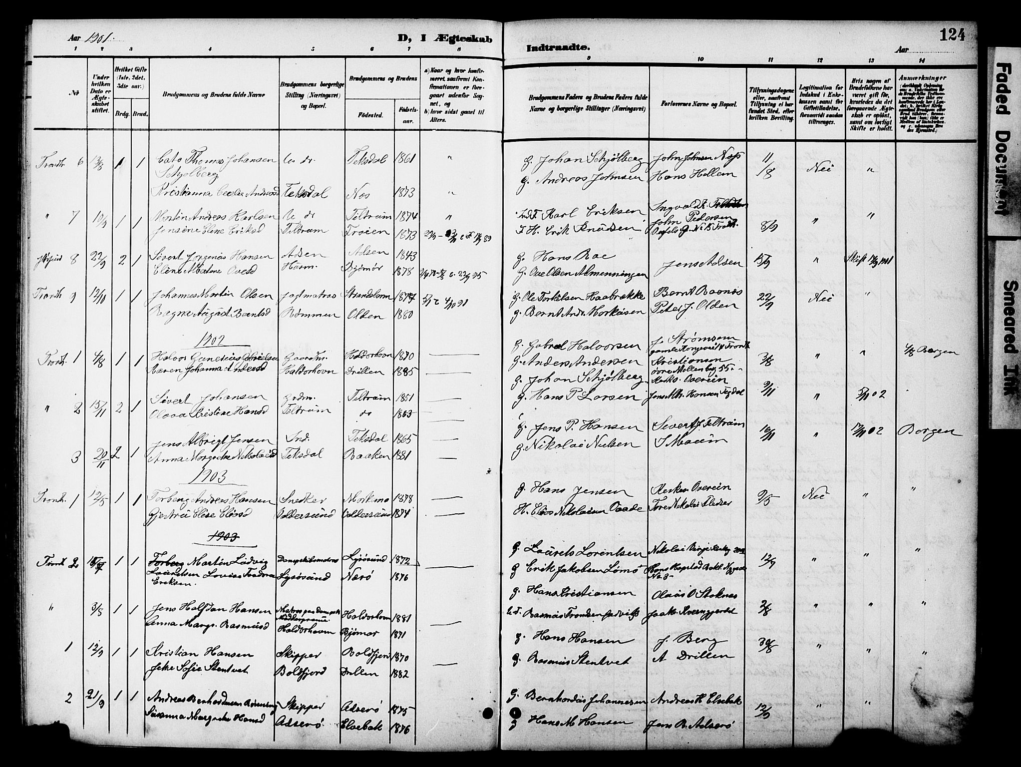 Ministerialprotokoller, klokkerbøker og fødselsregistre - Sør-Trøndelag, AV/SAT-A-1456/654/L0666: Parish register (copy) no. 654C02, 1901-1925, p. 124