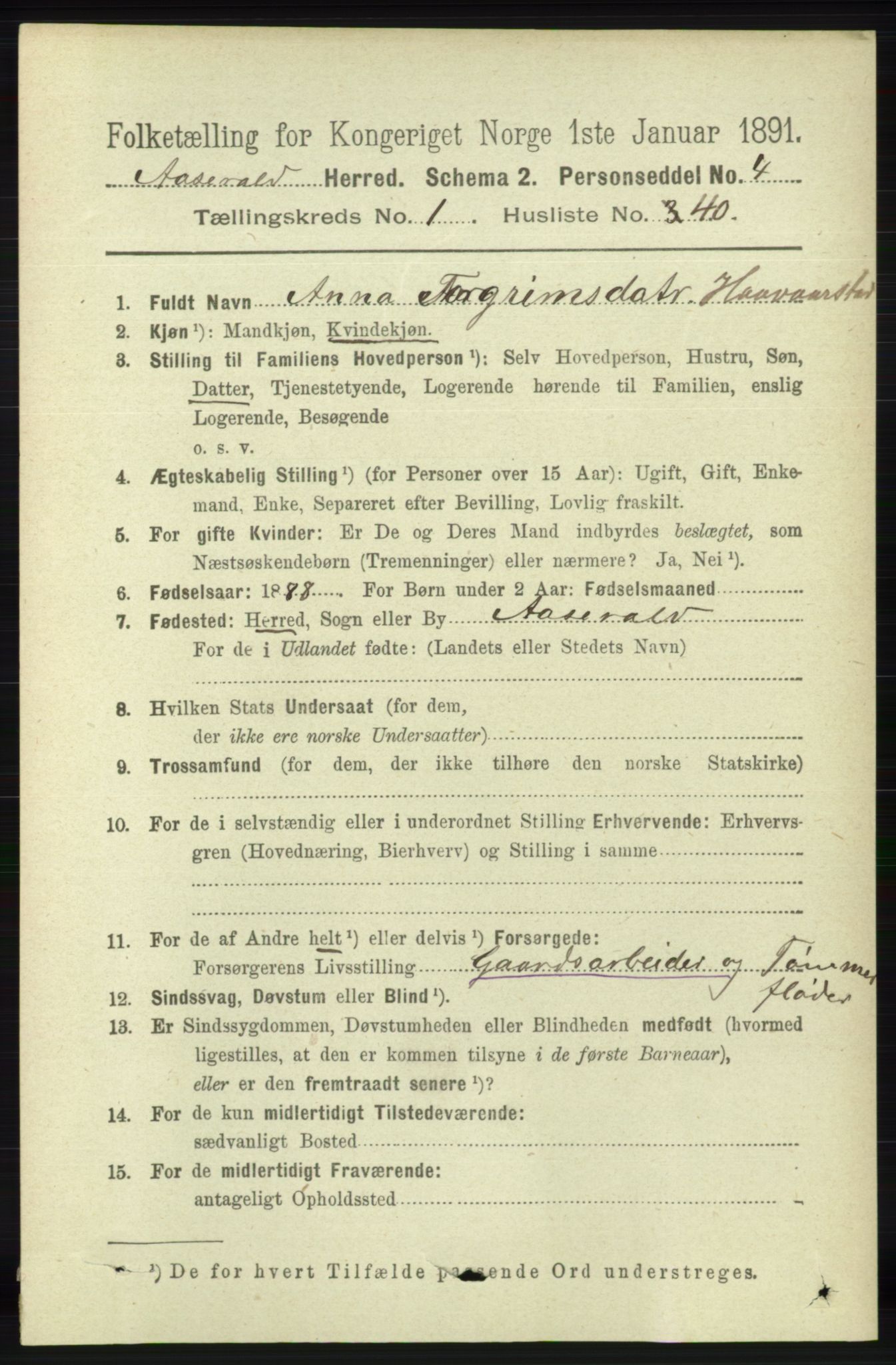 RA, 1891 census for 1026 Åseral, 1891, p. 324